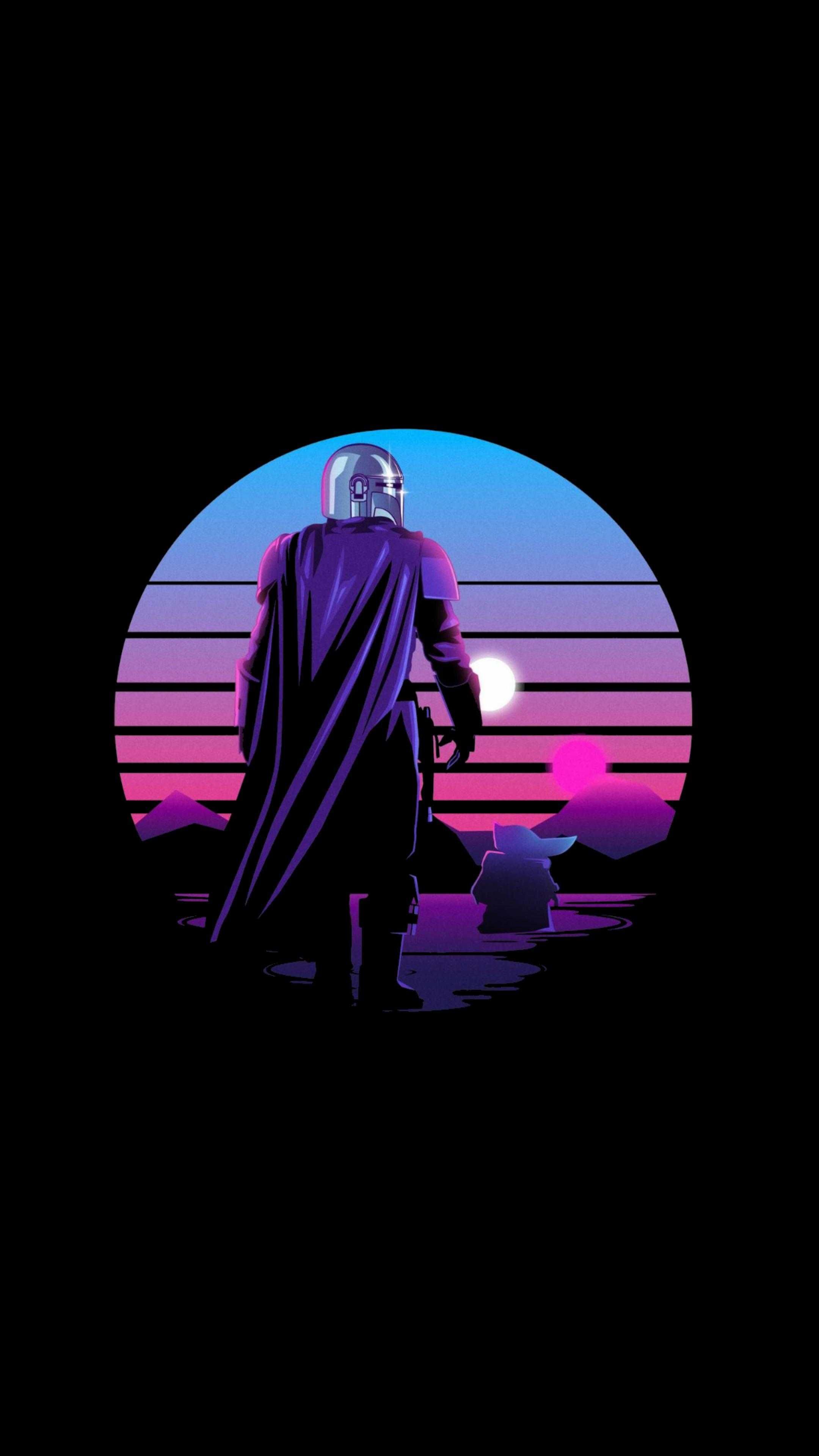 The Mandalorian, Retro-Sonne, Synthwave, Silhouette, Schwarzer Hintergrund, Sperrbildschirm fürs iPhone