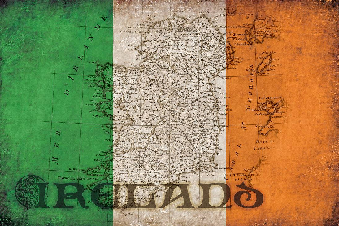 Irische Flagge, Landkarte, Irland, Grün-Weiß-Orange, Vintage, Hintergrundbild