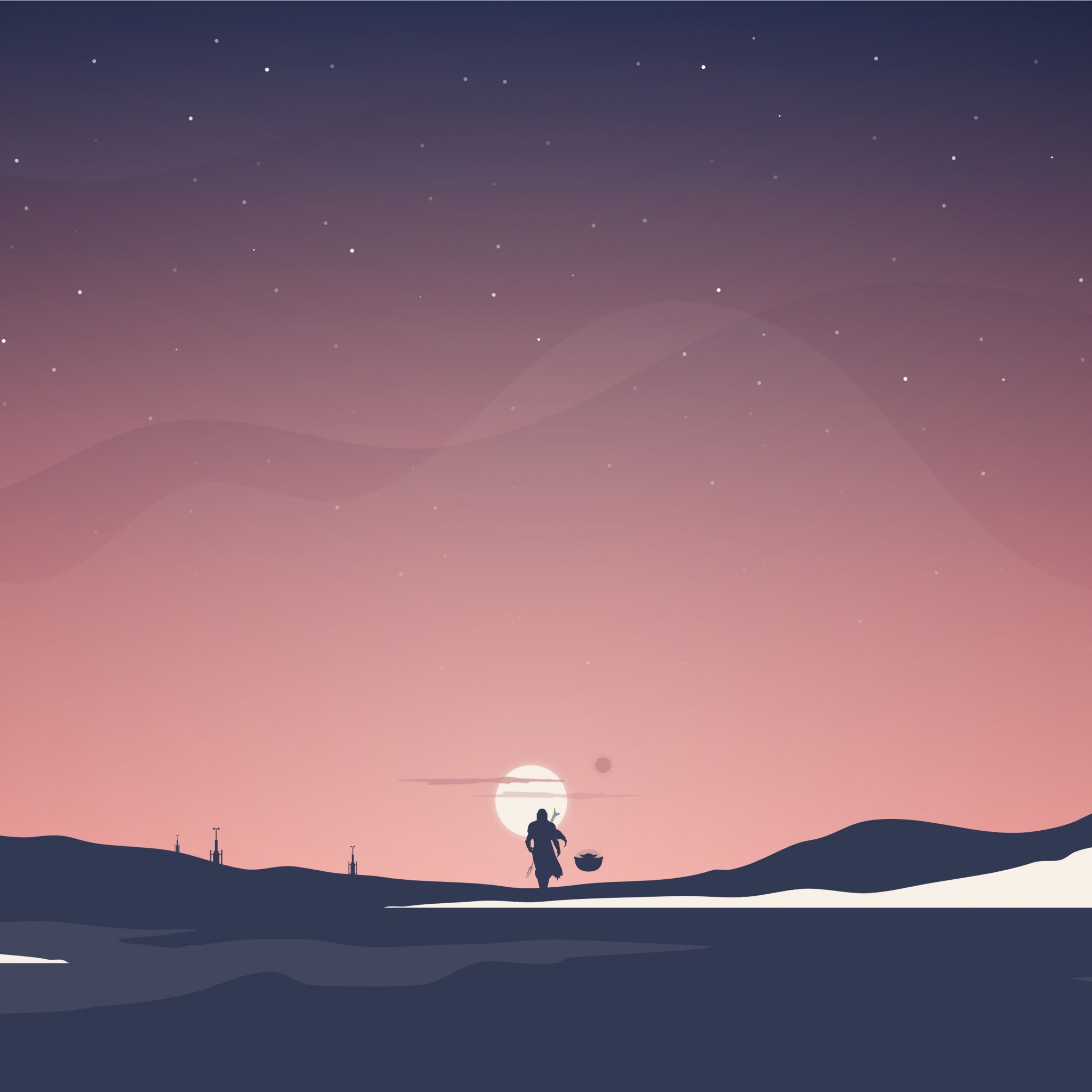 The Mandalorian, Minimalismus, Dämmerung, Silhouette, Rosa Himmel, Landschaft, Tablet-Hintergrund