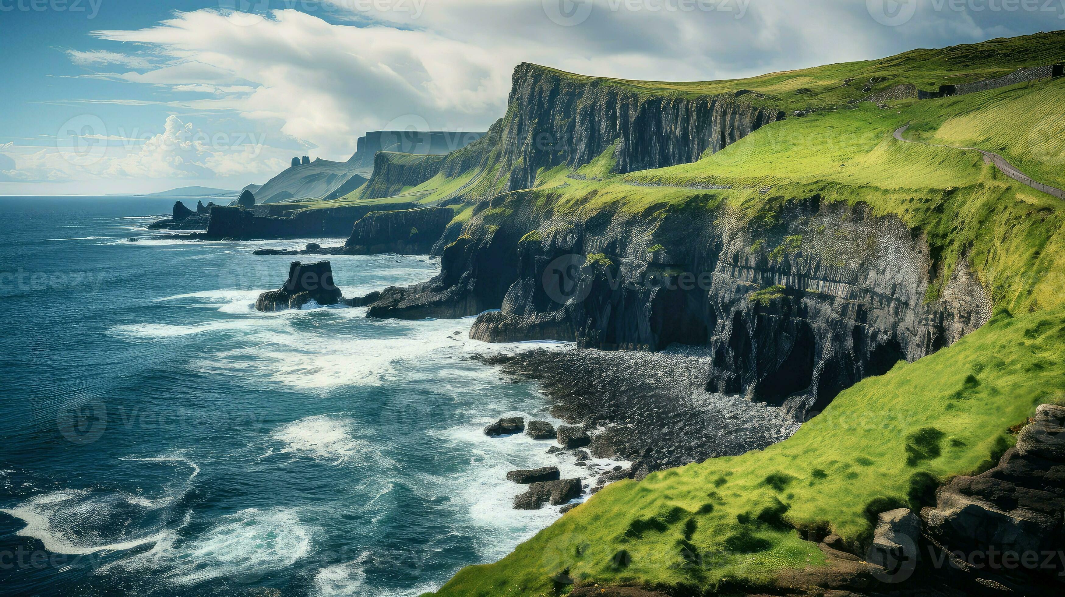 Steilküste, Brandung, Grüne Klippen, Atlantik, Felsküste, 2K, Laptop-Hintergrundbild