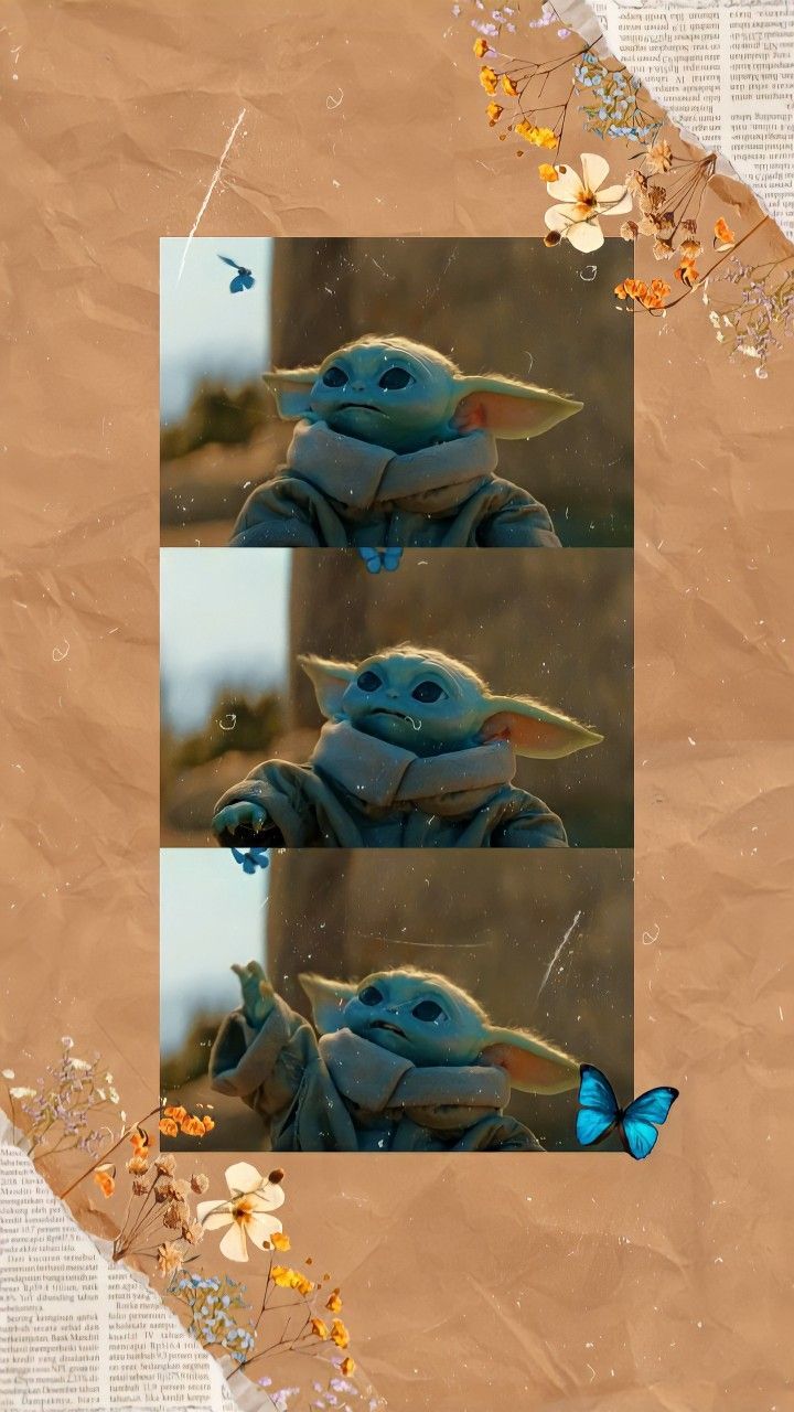 Grogu, Baby Yoda, Fotostreifen, Collage, Schmetterling, Beige, HD, iPhone-Hintergrundbild