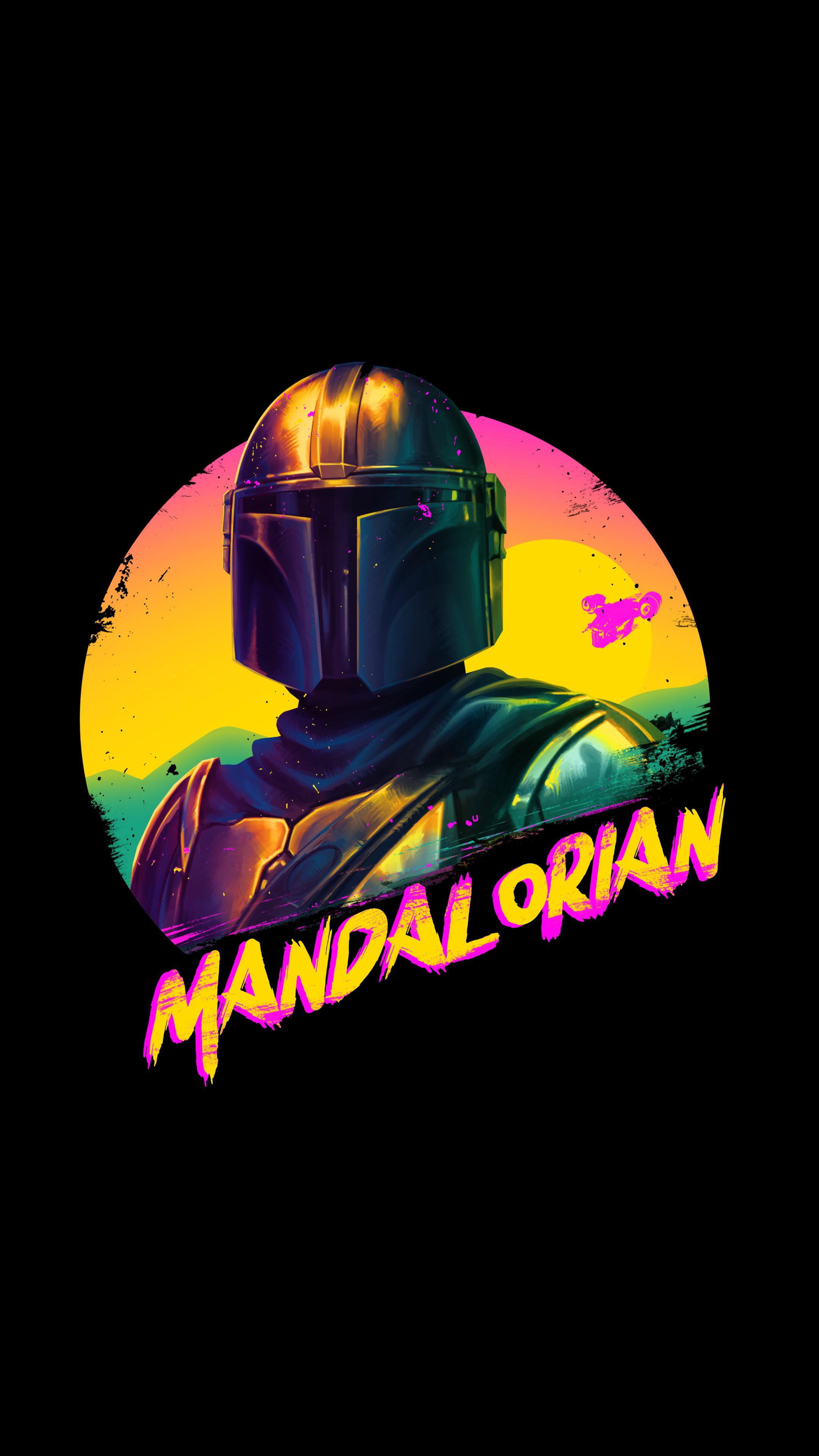 The Mandalorian, Din Djarin, Retro-Stil, Neonfarben, Schriftzug, Schwarzer Hintergrund, Sperrbildschirm