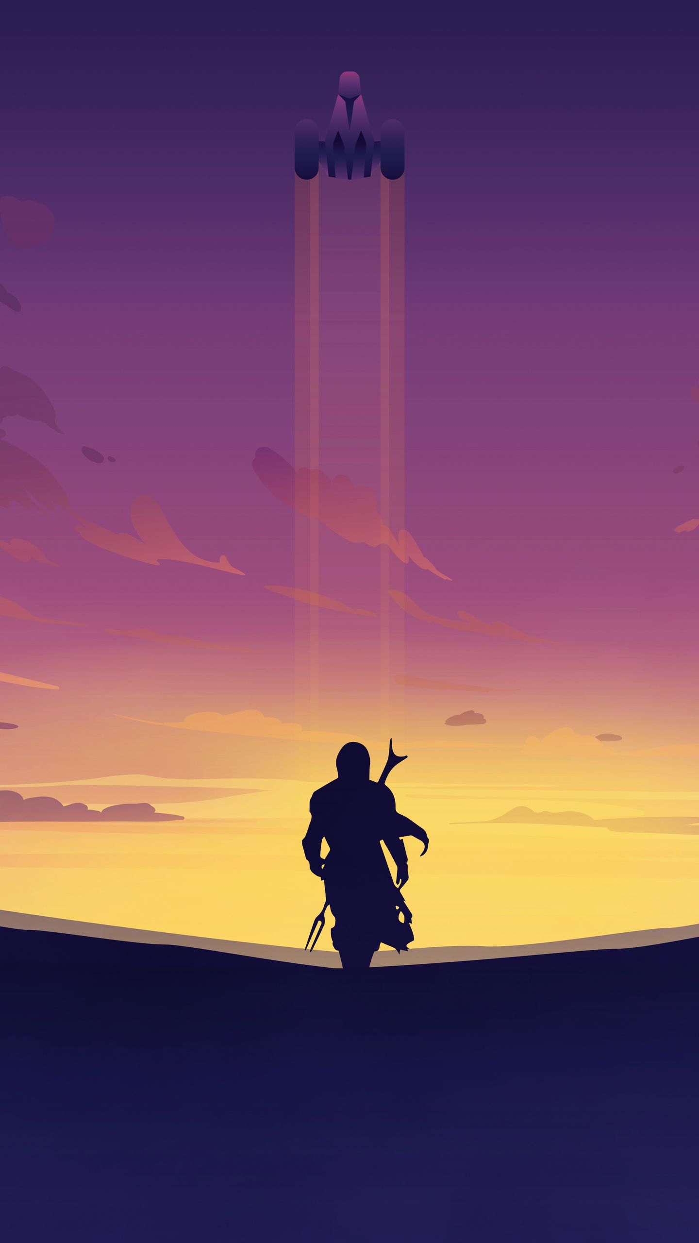 The Mandalorian, Silhouette, Raumschiff, Lila Himmel, Minimalismus, Star Wars, Handy-Hintergrundbild