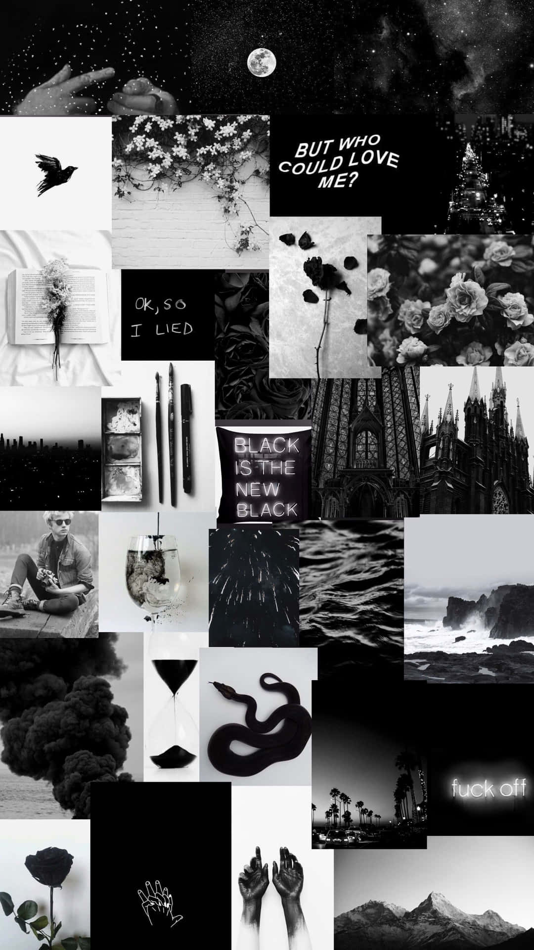 Off-White, Collage, Schwarz-Weiß, Ästhetik, Moodboard, Hochformat, Hintergrundbild fürs Smartphone