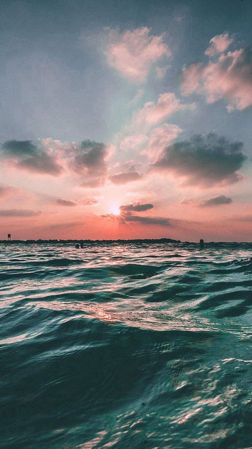 Meer, Wellen, Sonnenuntergang, Rosa Wolken, Türkis, HD, Hintergrundbild fürs Handy