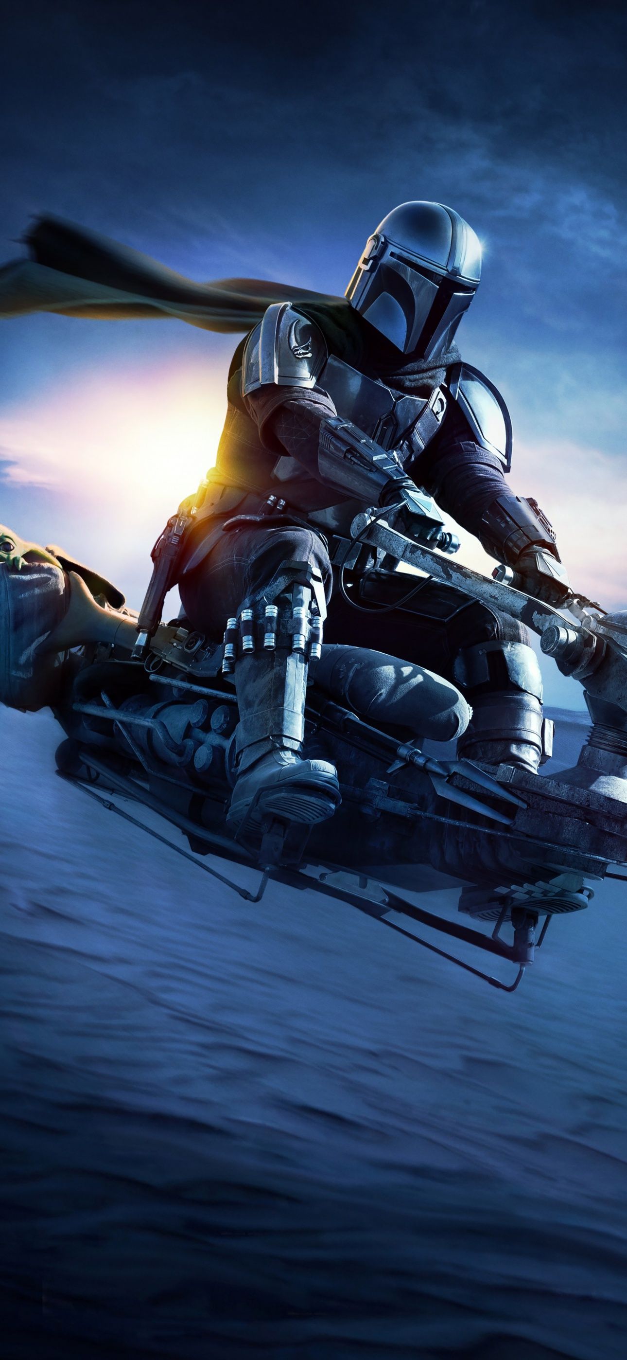Din Djarin, Speeder-Bike, The Mandalorian, Fahrt, Blau, Full HD, Handy-Hintergrund im Hochformat