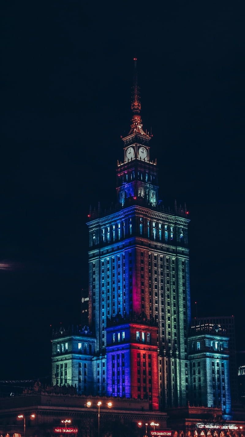 Kulturpalast Warschau, Warschau, Beleuchtung, Nacht, Bunte Lichter, HD, Handy-Hintergrundbild