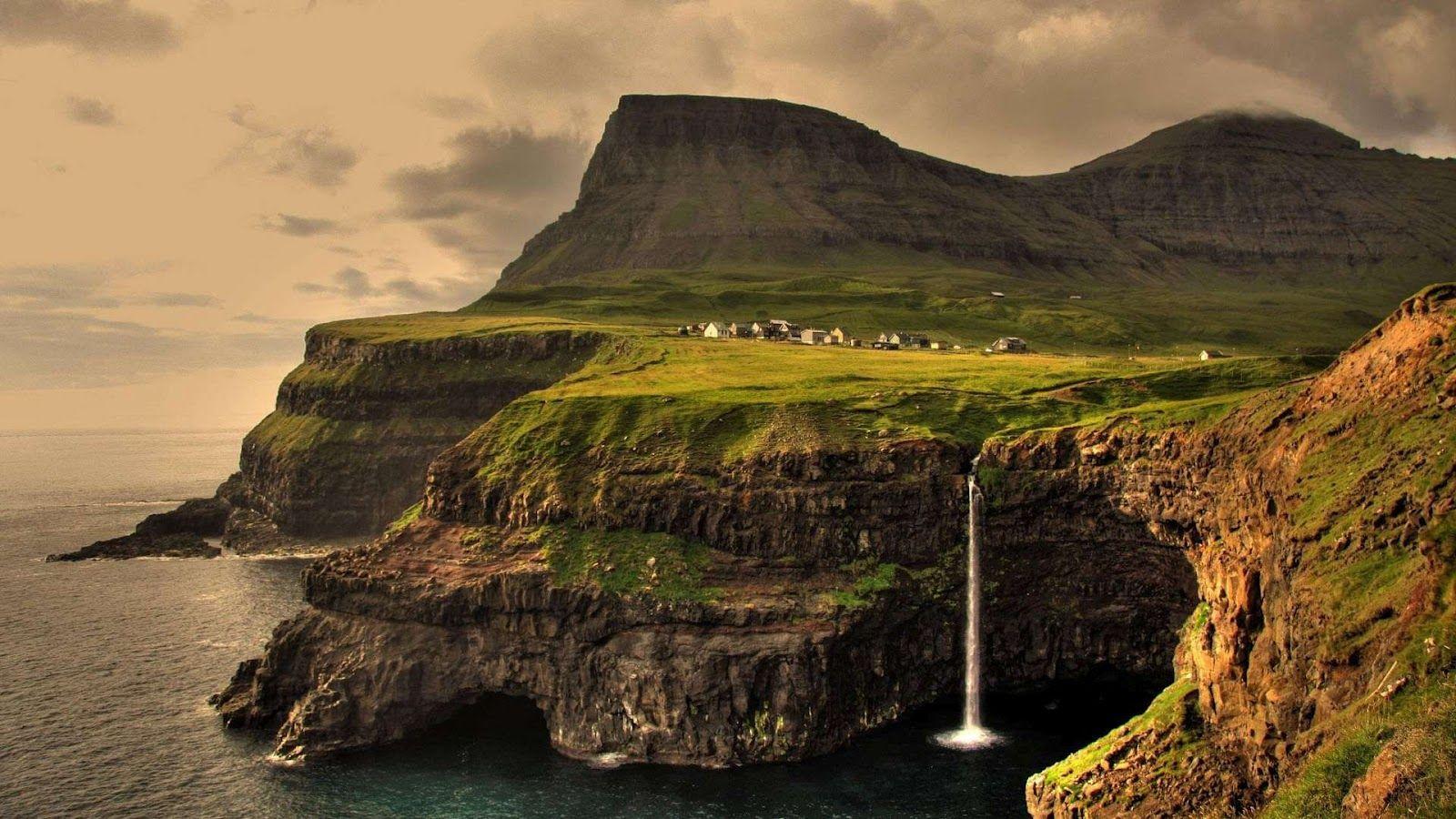 Gásadalur, Färöer, Wasserfall, Klippen, Dorf, Sepia, HD, Hintergrundbild für den PC