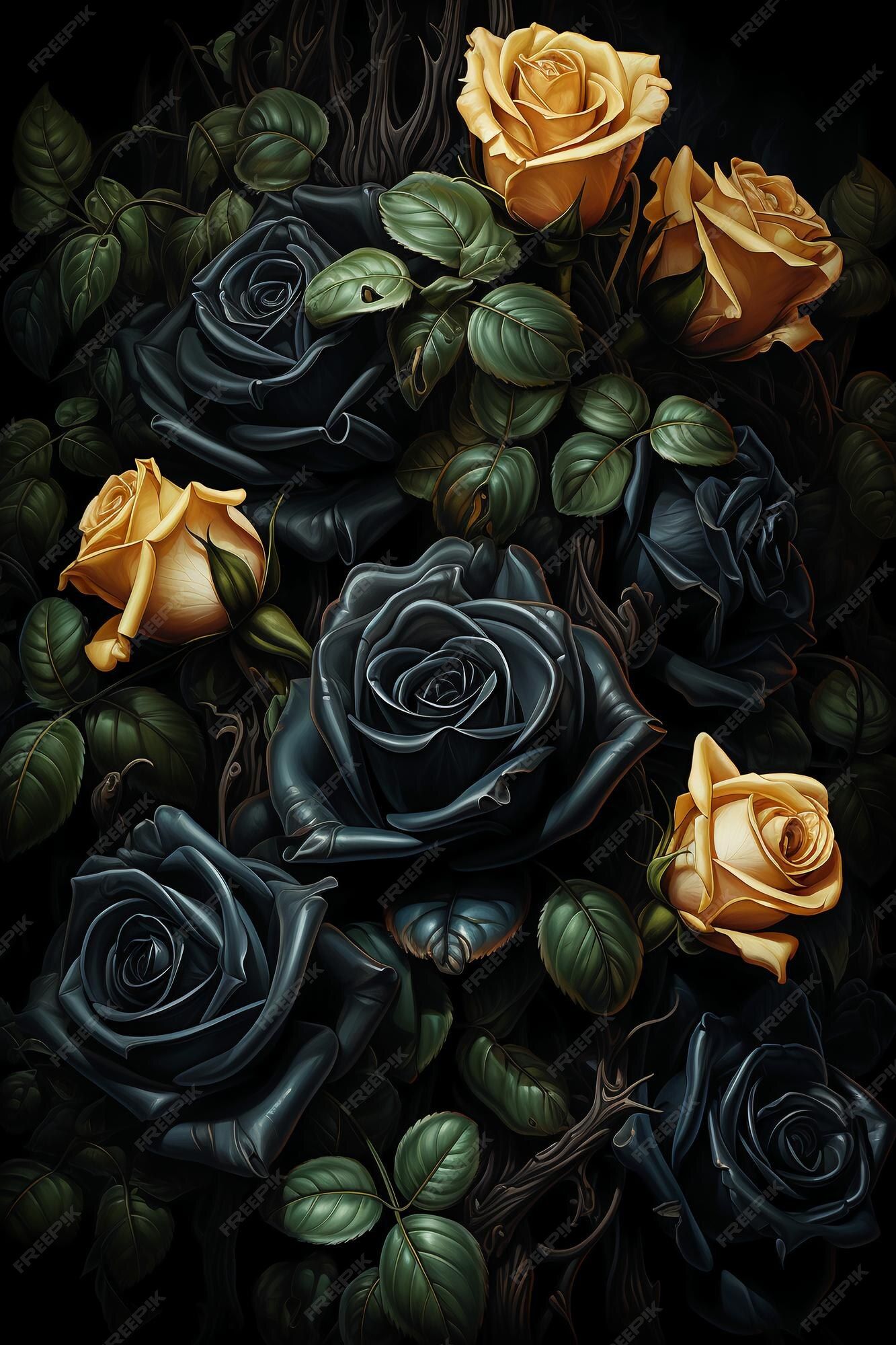 Schwarze Rosen, Gelbe Rosen, Blumenmuster, Grüne Blätter, Dunkel, Hintergrundbild fürs Handy