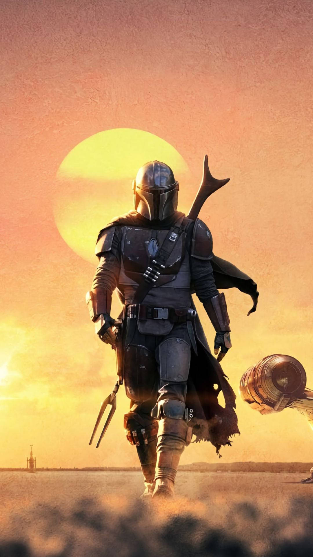 Din Djarin, The Mandalorian, Sonnenuntergang, Wüste, Fan-Art, Grogu, Full HD, iPhone-Hintergrundbild