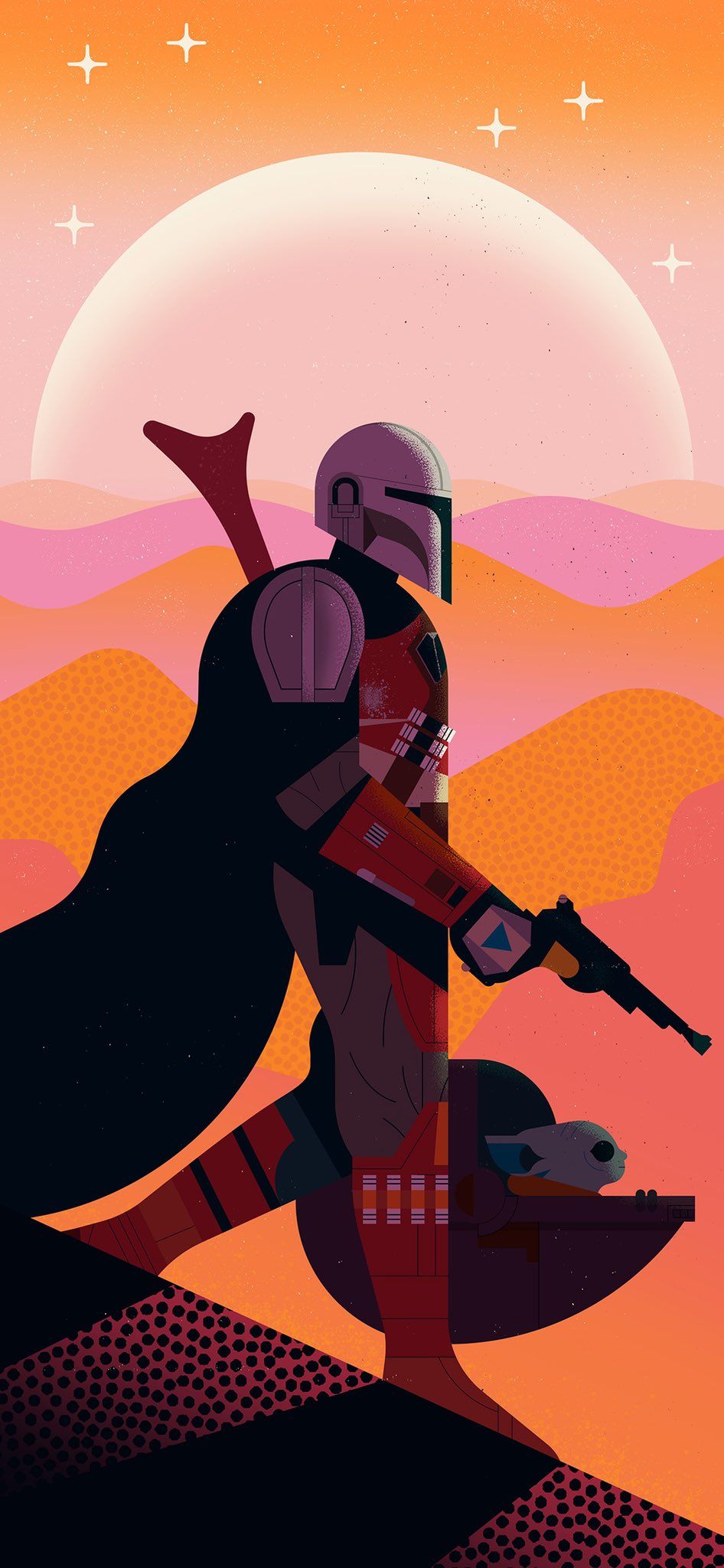 Din Djarin, The Mandalorian, Umhang, Sonne, Illustration, Orange, HD, Handy-Hintergrund