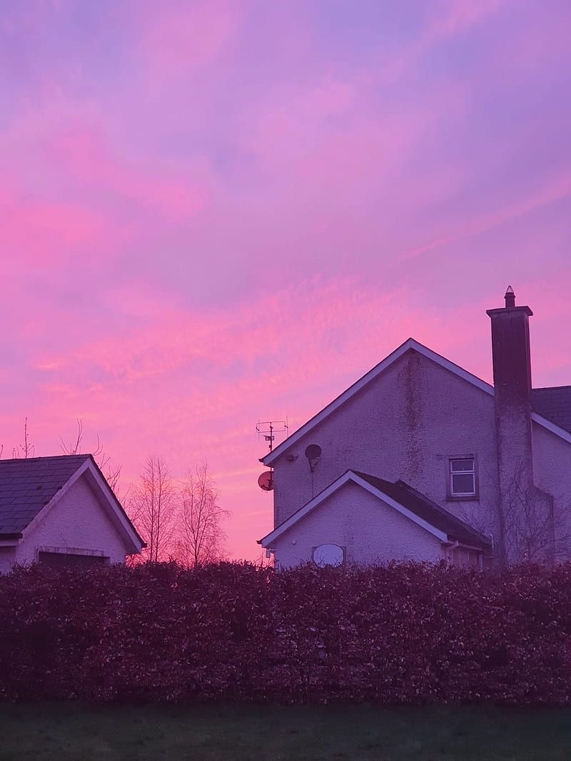 Haus, Schornstein, Rosa Himmel, Abenddämmerung, Silhouette, HD, Tablet-Hintergrund