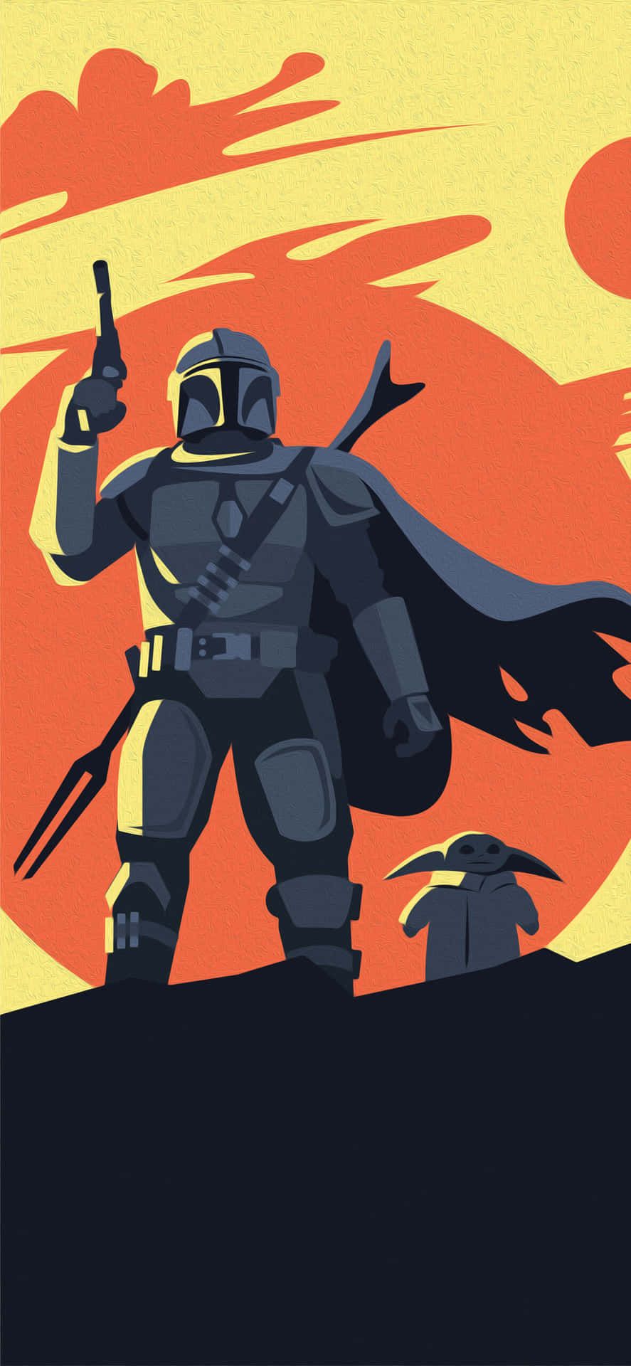 Din Djarin, Grogu, Fan-Art, Comic-Stil, Orange, Gelb, HD, Hintergrundbild fürs Handy