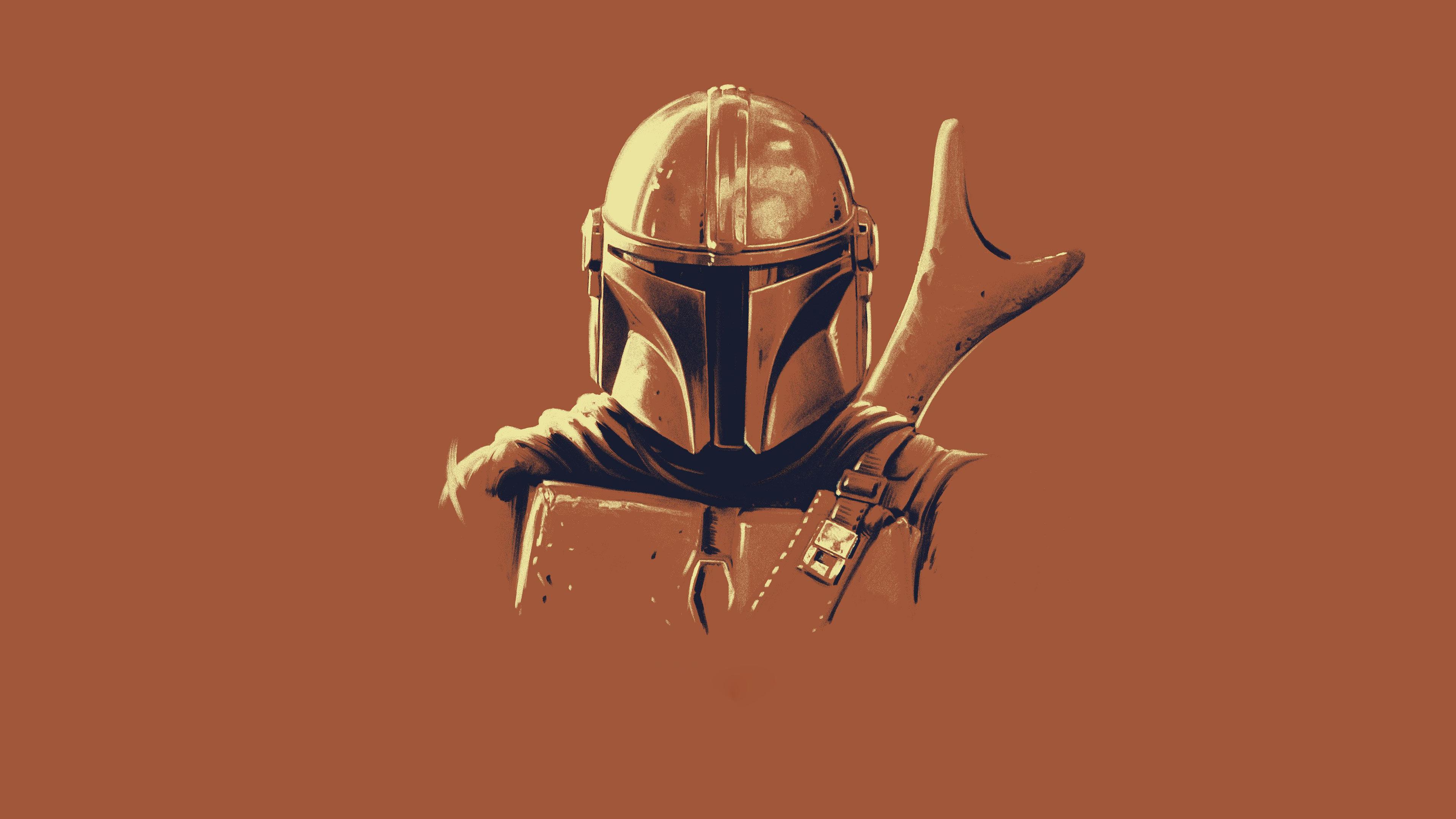 Din Djarin, The Mandalorian, Helm, Illustration, Rostbraun, Minimalismus, 4K, Windows-Hintergrundbild
