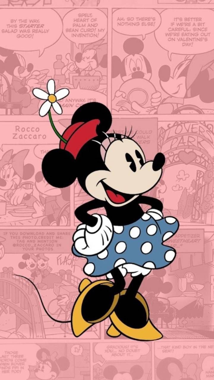 Minnie Maus, Disney, Comic-Hintergrund, Blaues Kleid, Rosa, Blume, Sperrbildschirm fürs iPhone