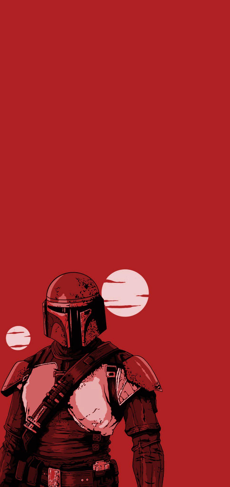 The Mandalorian, Roter Hintergrund, Planeten, Minimalismus, Illustration, Sperrbildschirm fürs iPhone