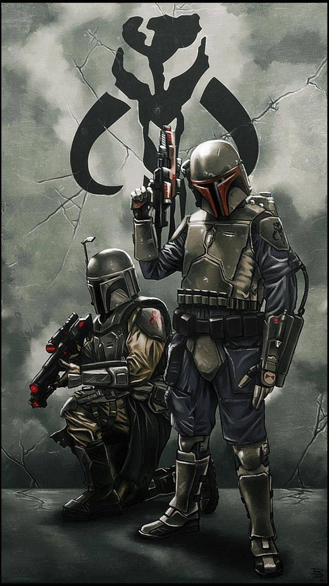 Boba Fett, Din Djarin, Mythosaurier-Schädel, Star Wars, Kopfgeldjäger, Grau, Full-HD-Handy-Hintergrundbild