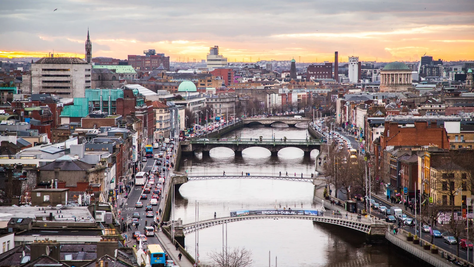 Dublin, Liffey, Irland, Brücken, Stadtpanorama, Abendhimmel, HD, Breitbild-Hintergrundbild