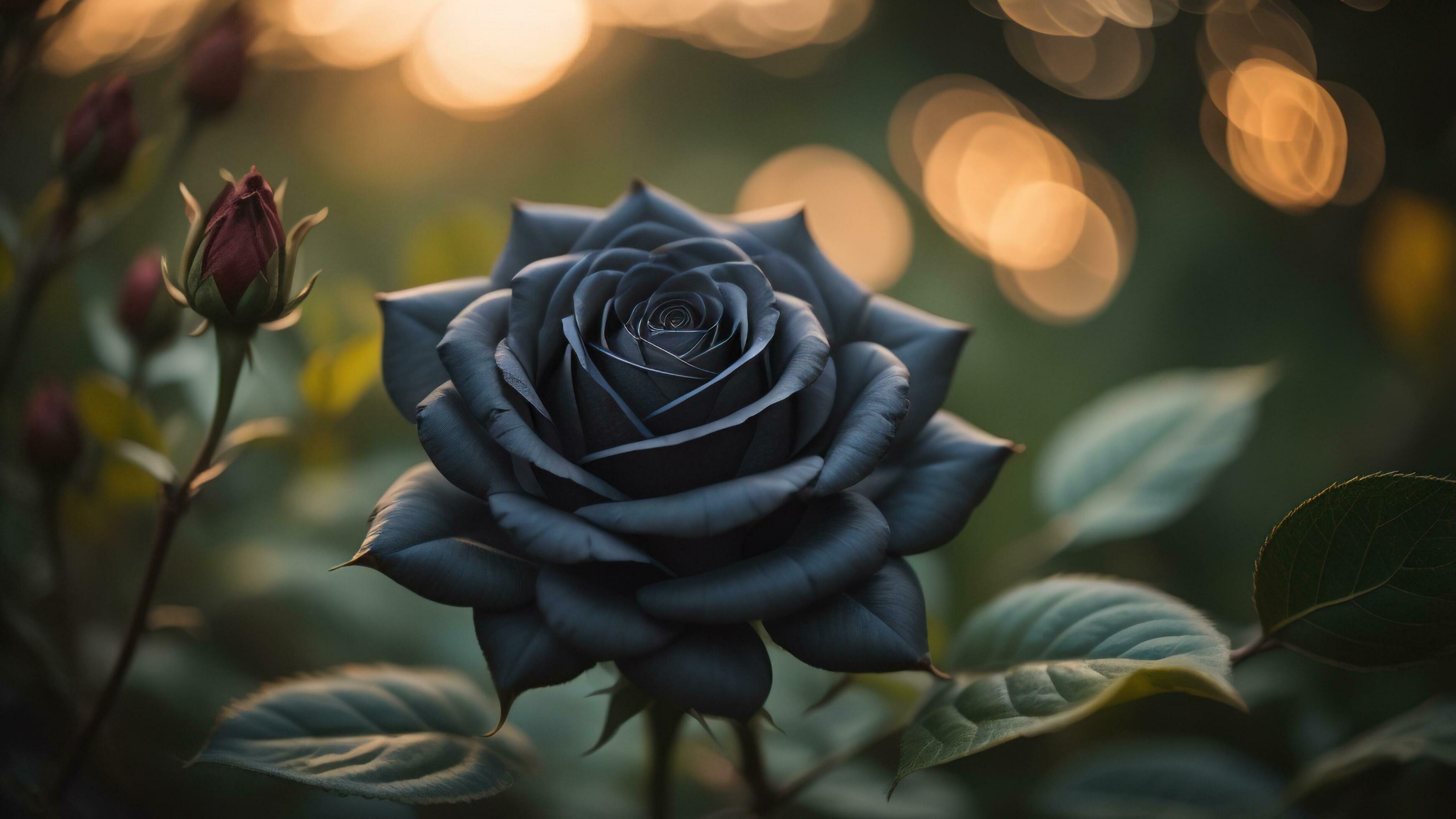 Schwarze Rose, Blaue Rose, Bokeh, Grüne Blätter, Garten, Abendlicht, 2K-Hintergrundbild für PC