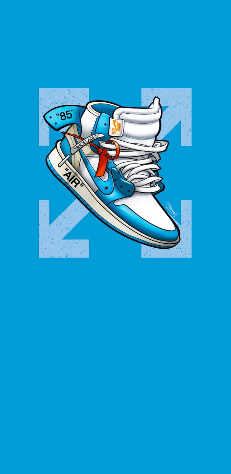 Off-White, Air Jordan 1, Sneaker, Pfeil-Logo, Blauer Hintergrund, Sperrbildschirm fürs iPhone