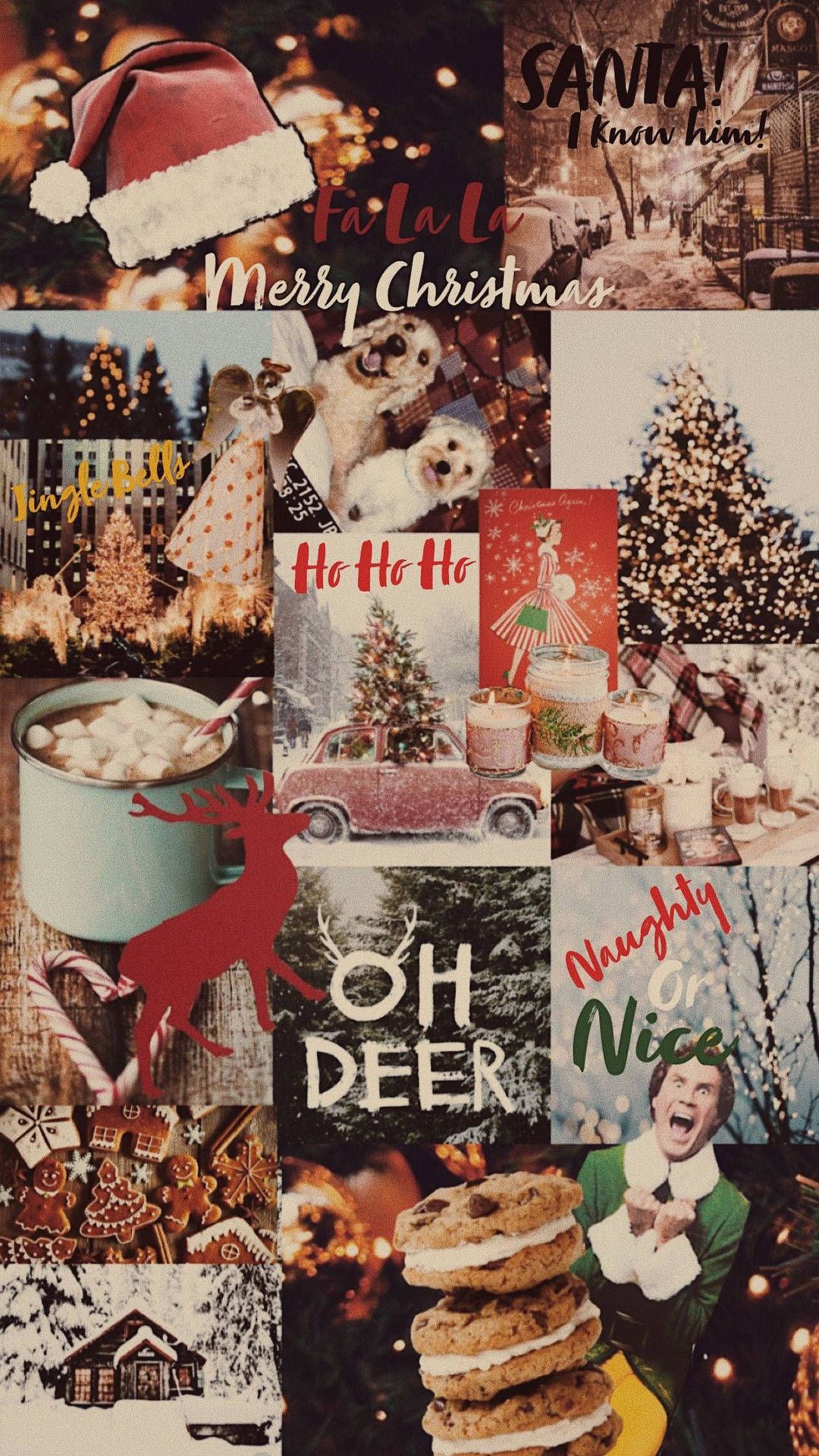 Collage, Oh Deer, Weihnachtsmütze, Rentier, Rot, Full HD, Handy-Hintergrund im Hochformat