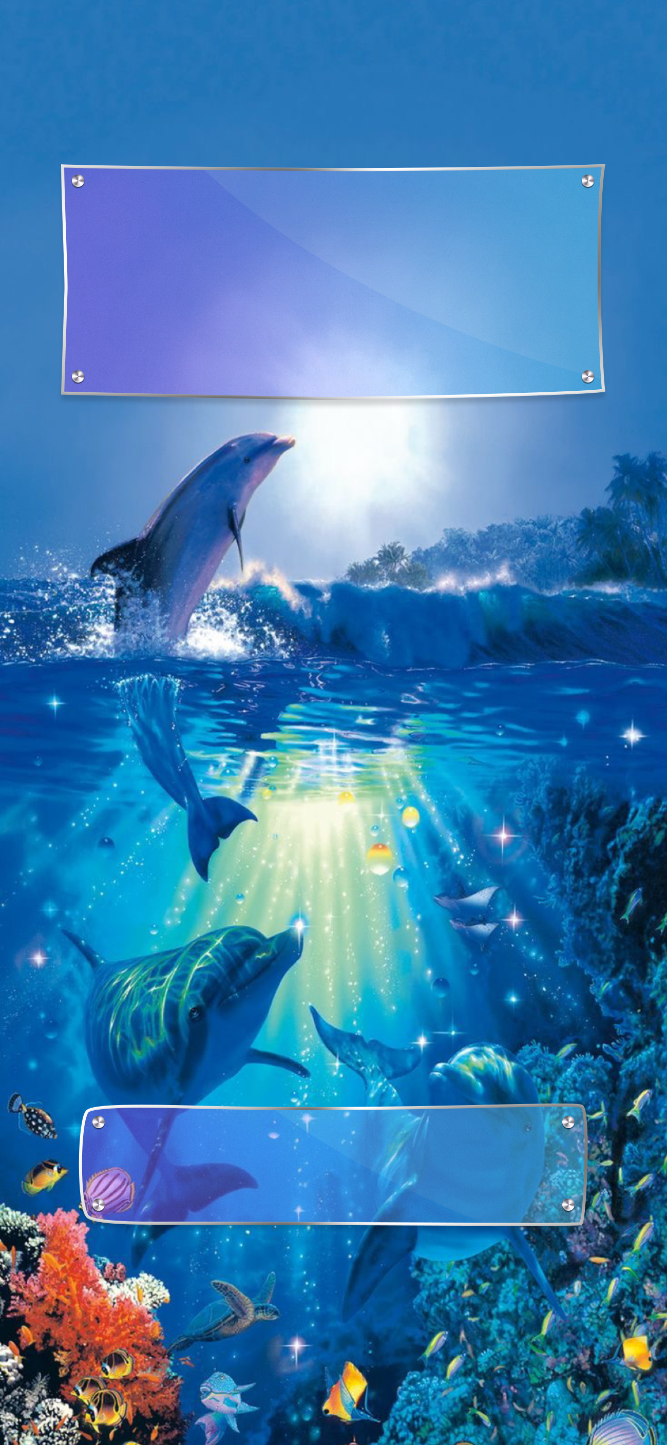 Delfine, Collage, Unterwasser, Korallen, Full HD, Handy-Hintergrund im Hochformat