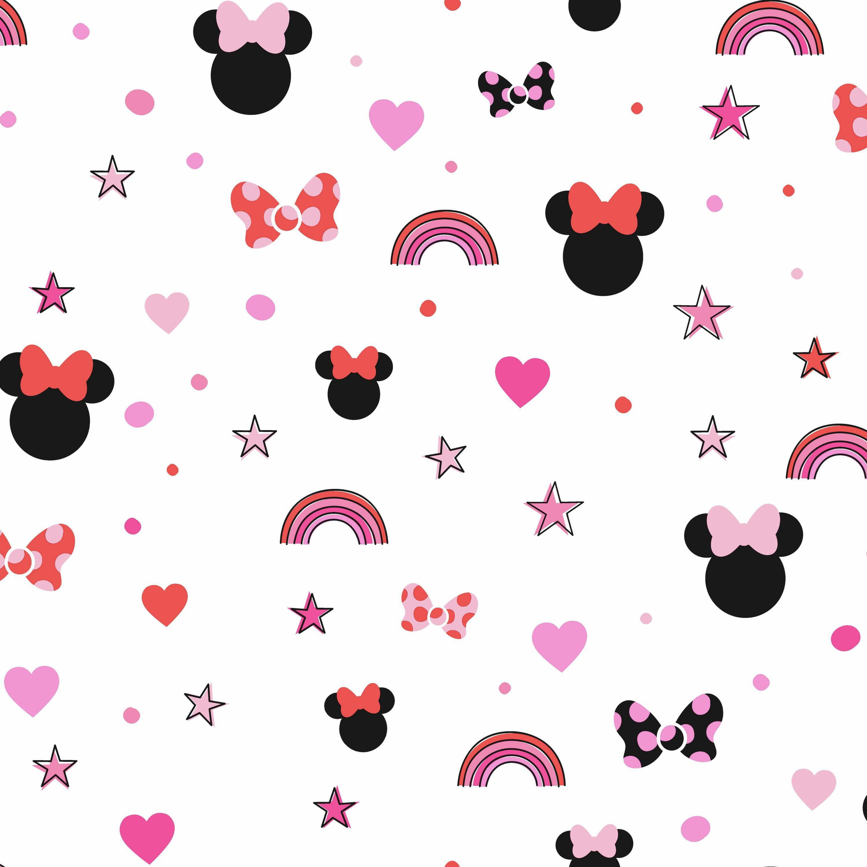 Minnie Maus, Muster, Regenbogen, Herzen, Sterne, Weiß, 2K, iPad-Hintergrundbild