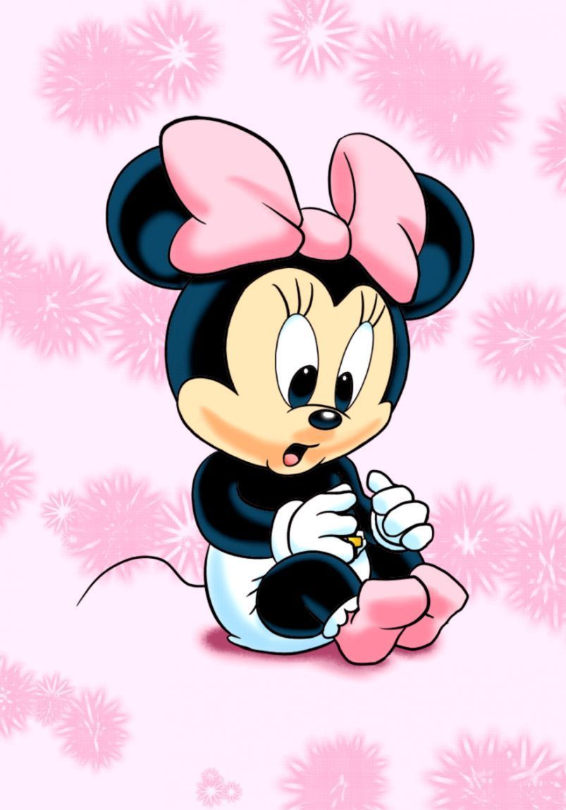 Minnie Maus, Baby Minnie, Rosa Blumen, Sitzend, Pastell, Hintergrundbild fürs Tablet
