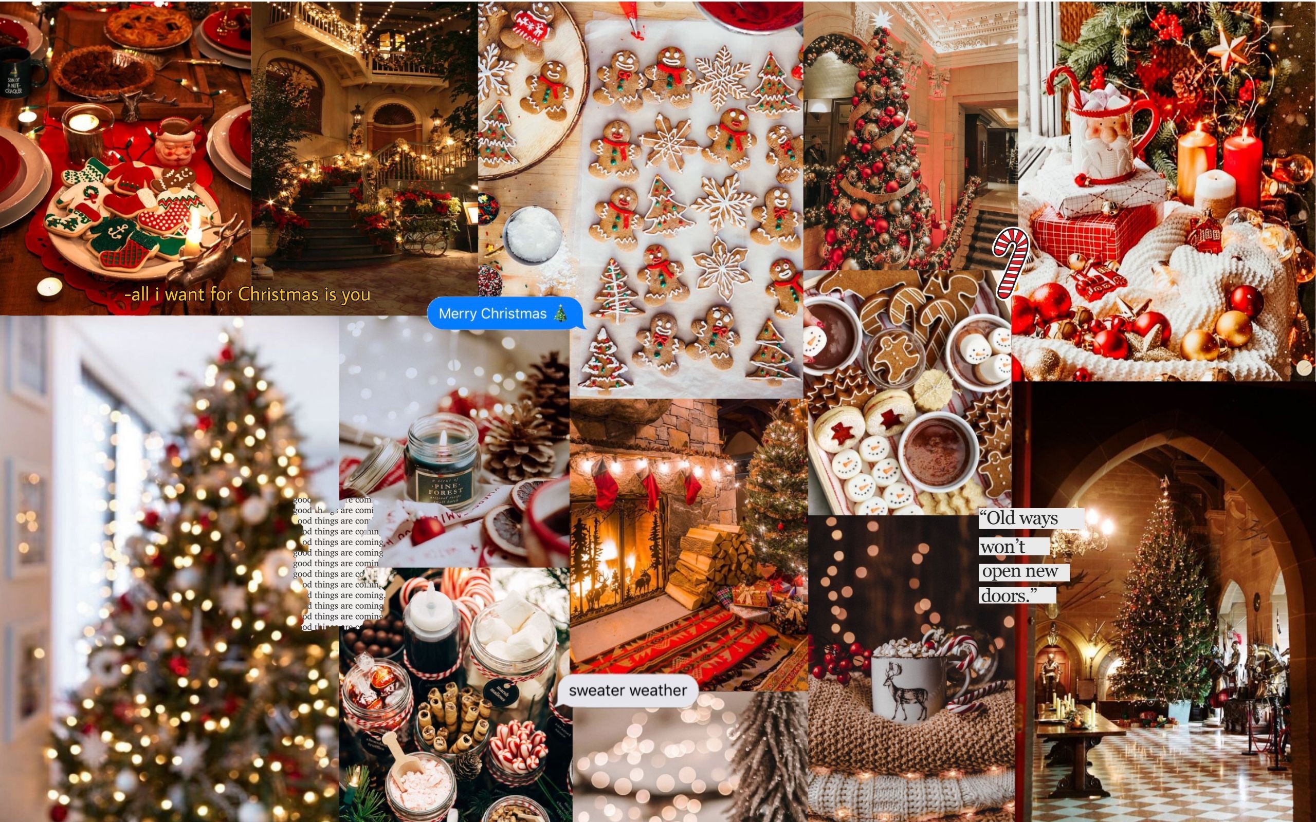 Collage, Weihnachtsbaum, Kamin, Lebkuchen, Festlich, 2K, Hintergrundbild für den PC