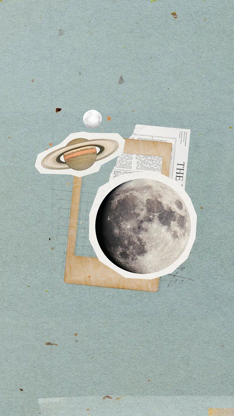 Mond, Collage, Planet, Graublau, Vintage-Papier, HD, Hintergrundbild fürs Handy