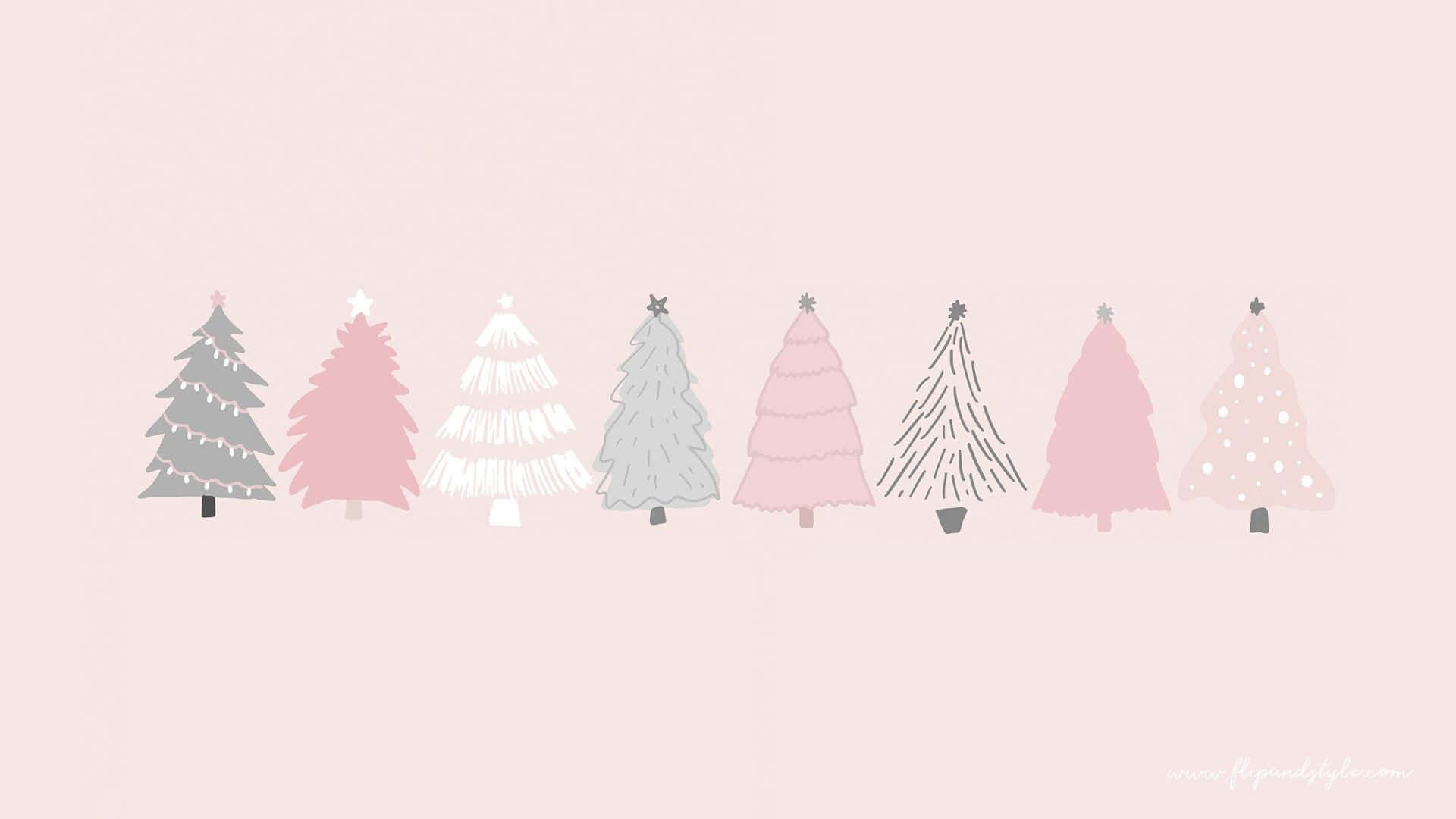 Tannenbäume, Illustration, Rosa Hintergrund, Minimalistisch, Pastellfarben, Full HD Wallpaper