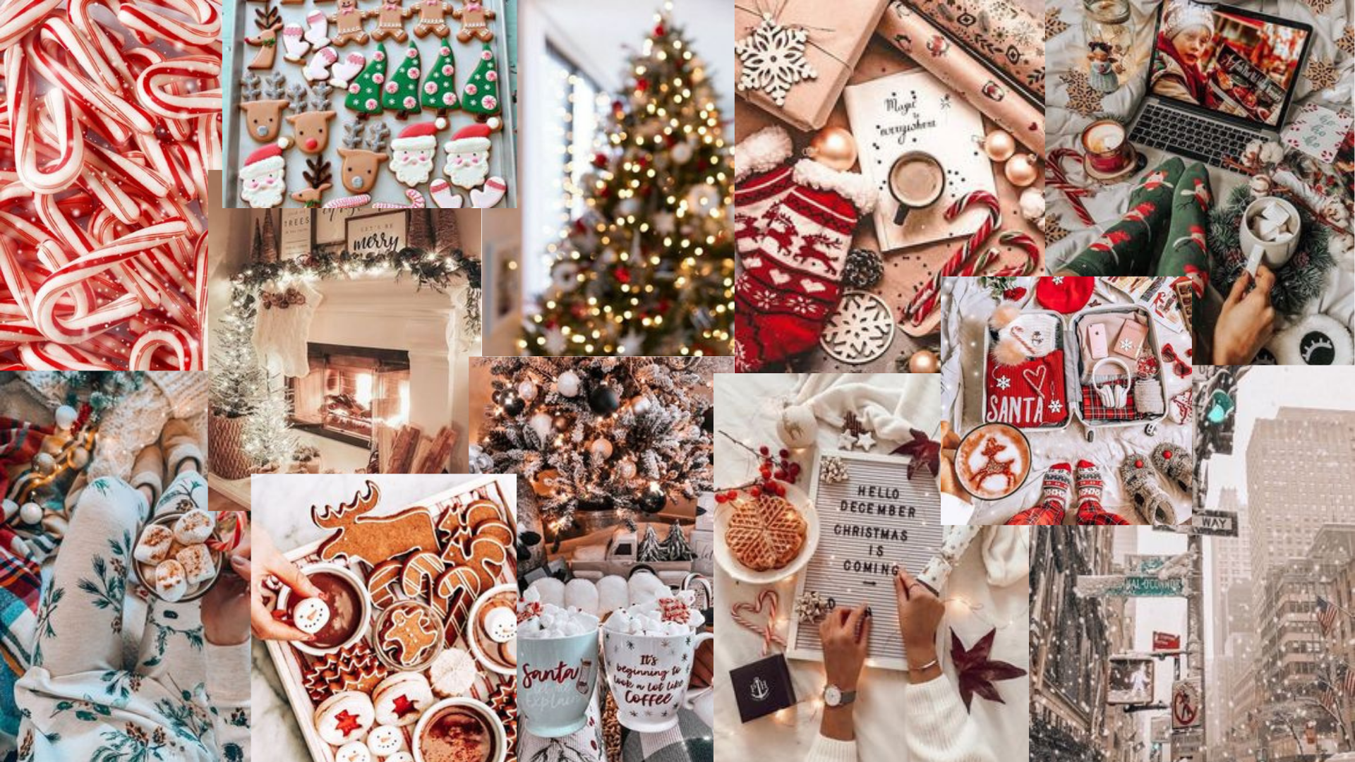 Collage, Zuckerstangen, Weihnachtsbaum, Gemütlich, Rot Weiß, Full HD, Desktop-Hintergrund