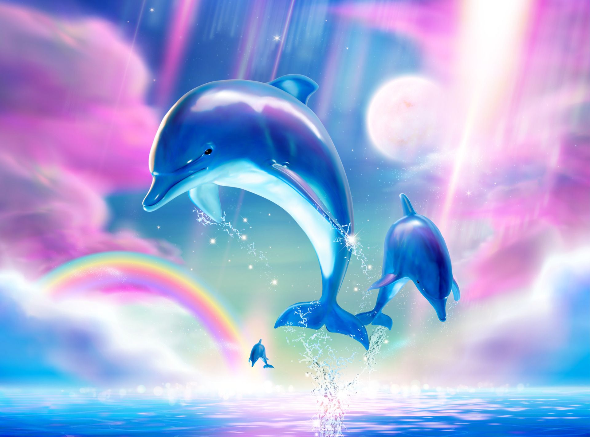 Delfine, Regenbogen, Pastellfarben, Mond, Digitale Kunst, Full HD, Tablet-Hintergrund