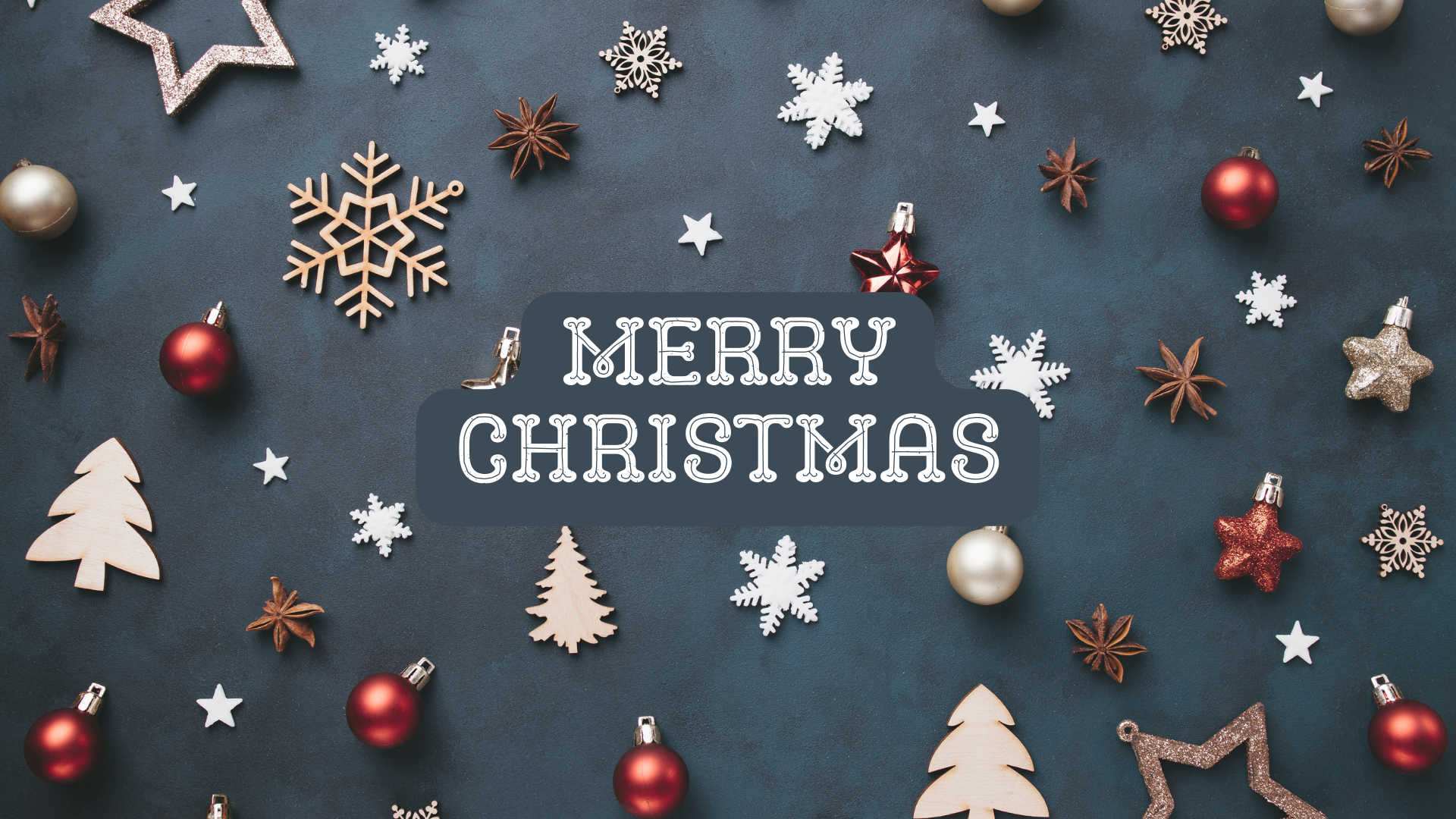 Merry Christmas, Schneeflocken, Christbaumkugeln, Holzsterne, Flatlay, Full HD, Laptop-Hintergrundbild