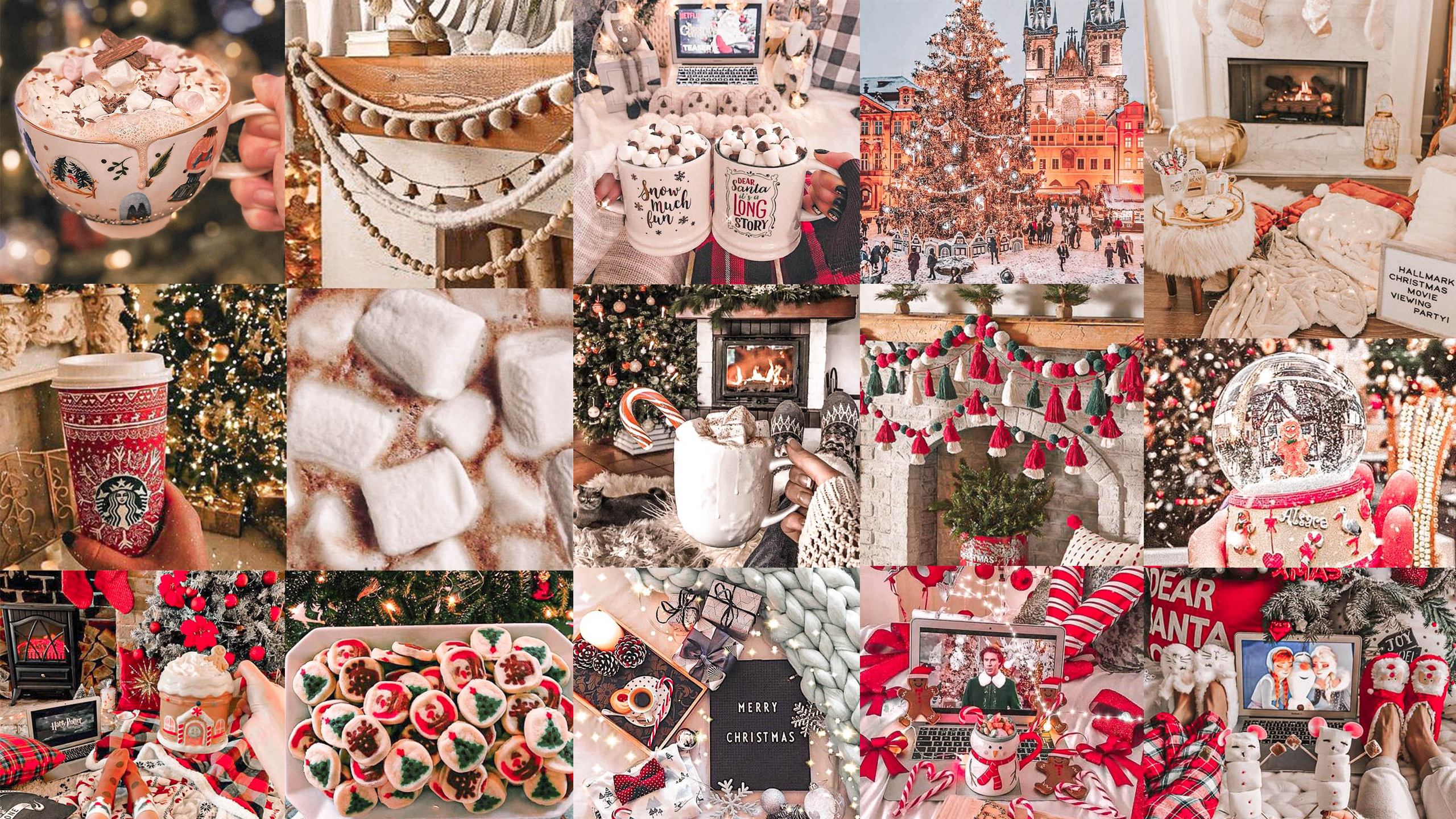 Collage, Marshmallows, Starbucks, Weihnachtsdeko, Rot Weiß, 2K, Breitbild-Hintergrundbild