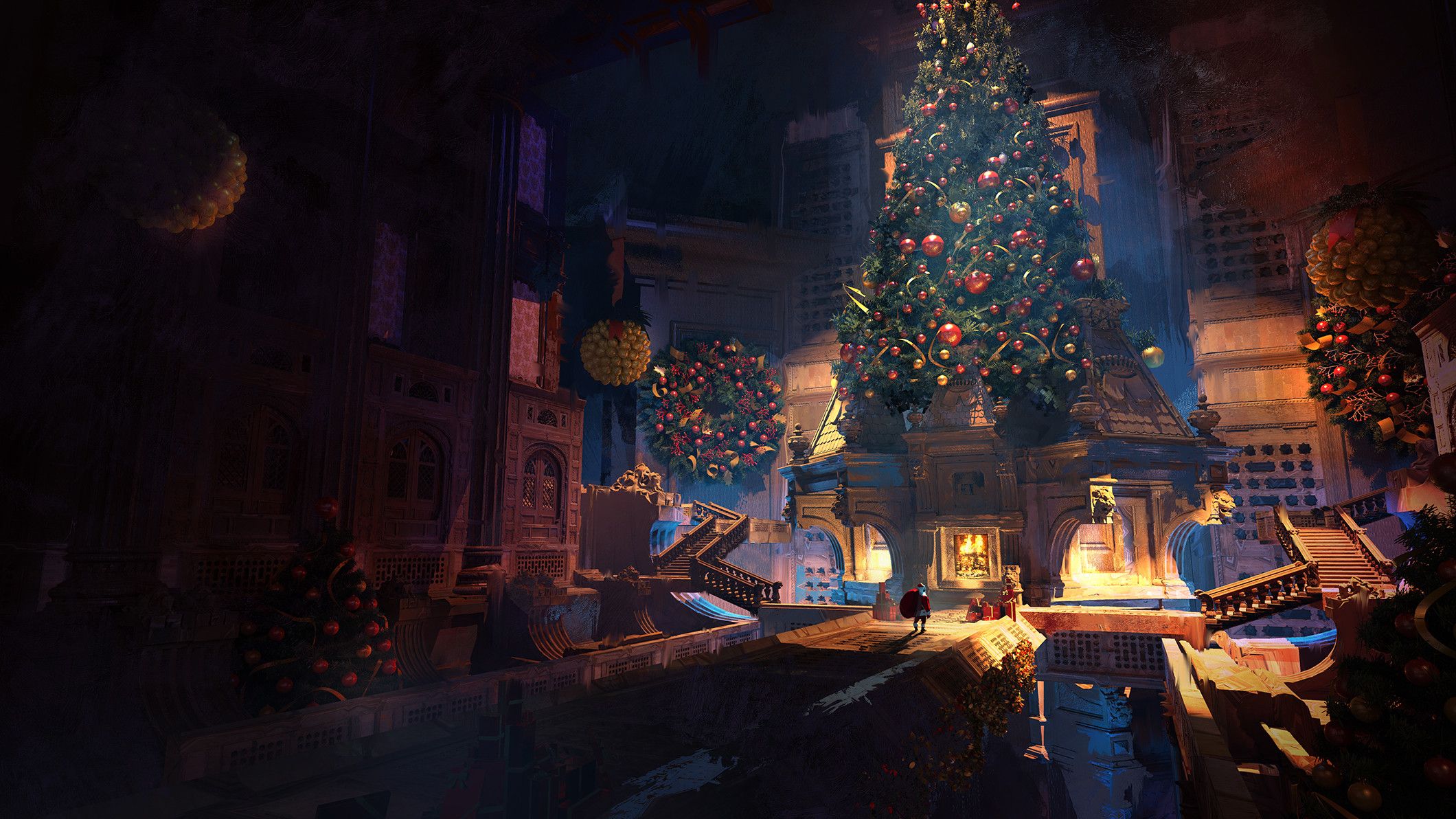 Wohnzimmer, Weihnachtsbaum, Kamin, Nacht, 3D-Kunst, 16:9, Full-HD-Hintergrundbild für den Desktop