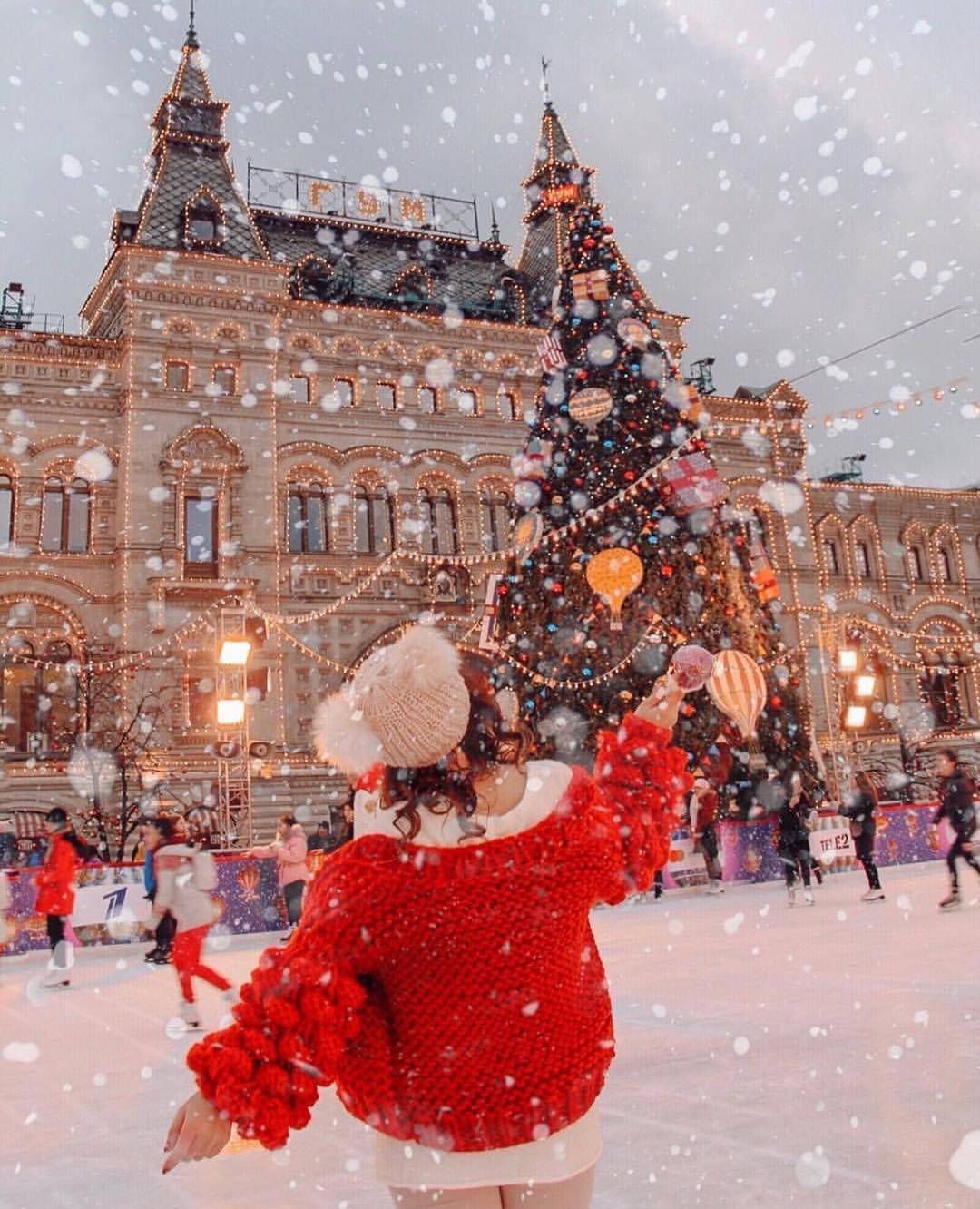 GUM, Roter Platz, Moskau, Eisbahn, Weihnachtsbaum, Schneefall, Full HD, iPad-Hintergrundbild
