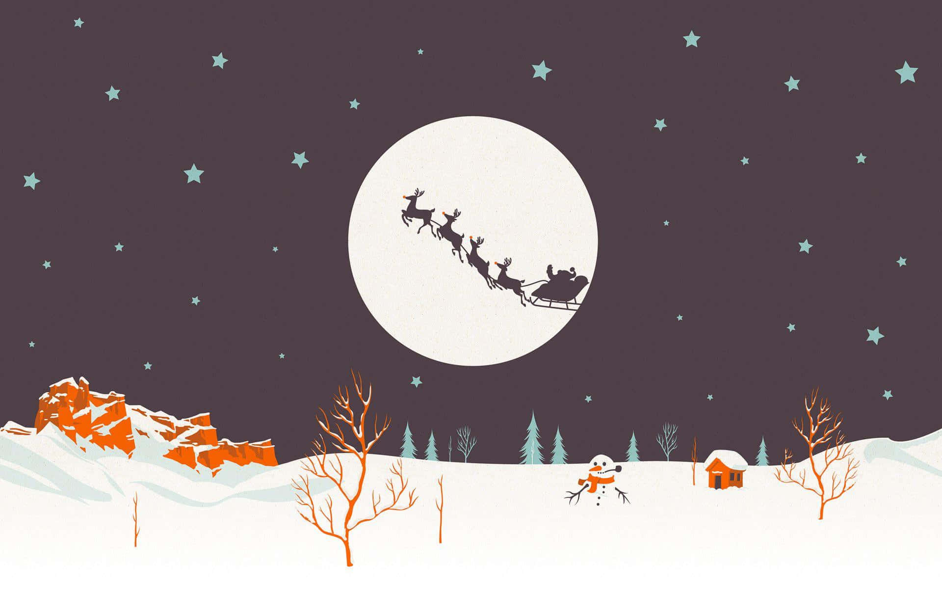 Weihnachtsmann, Rentierschlitten, Vollmond, Schnee, Illustration, Full-HD-Hintergrundbild für PC