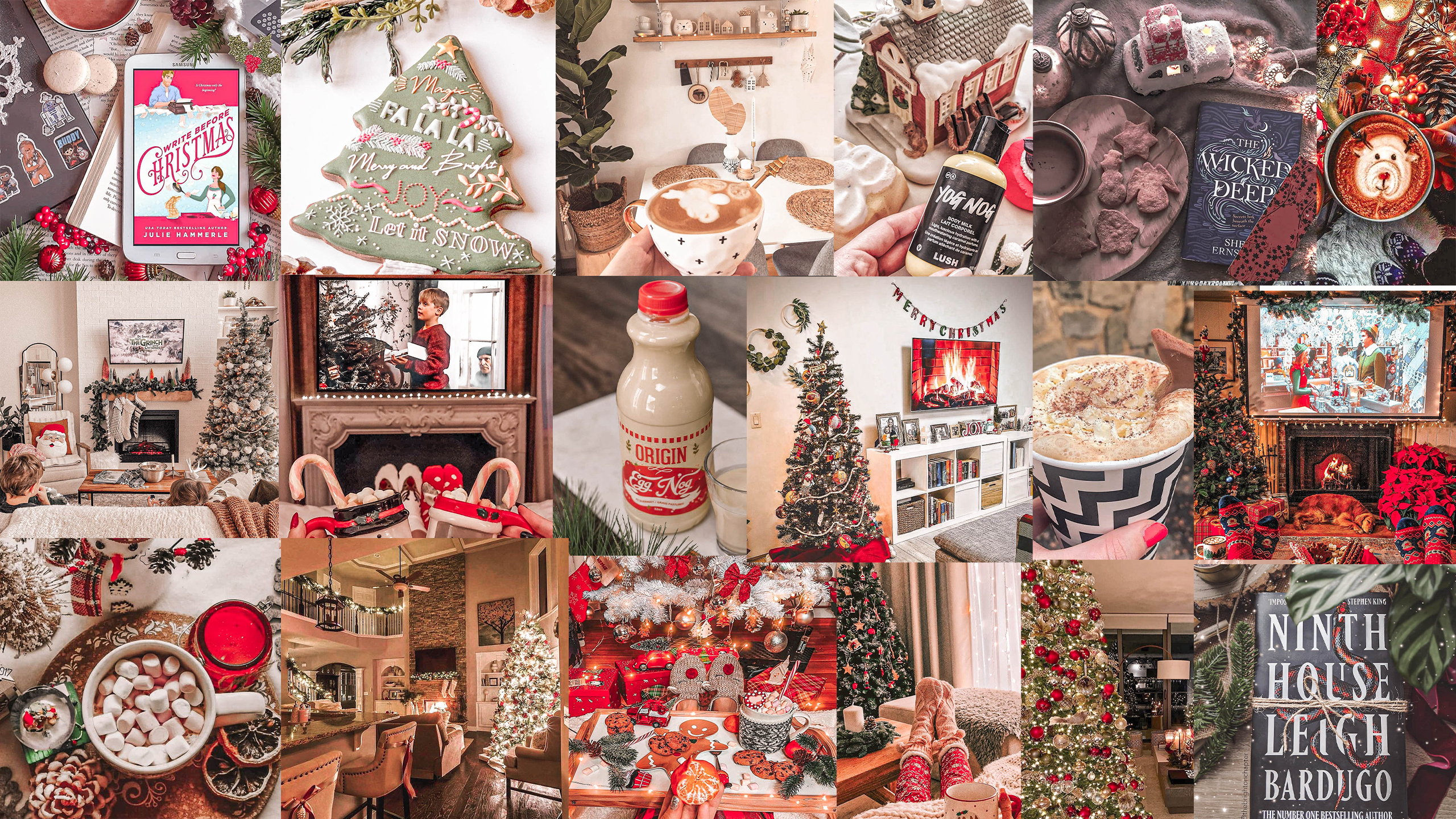 Collage, Weihnachtsbaum, Kakao, Bücher, Gemütlich, 2K 1440p, Desktop-Hintergrundbild