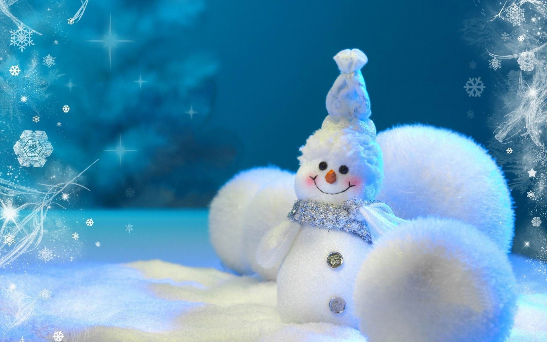 Schneemann, Schneebälle, Schneeflocken, Blauer Hintergrund, Winter, Full HD Wallpaper