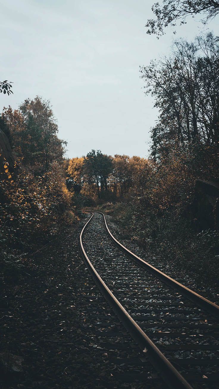 Bahngleise, Herbst, Bäume, Bewölkt, Düster, iPhone 16, Hintergrundbild