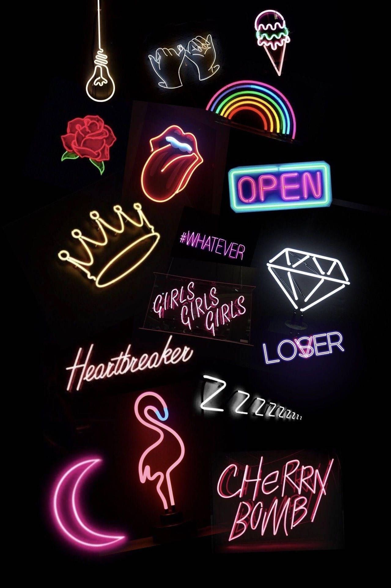 Neonschilder, Open-Schild, Krone, Regenbogen, Kirschen, Schwarzer Hintergrund, Sperrbildschirm