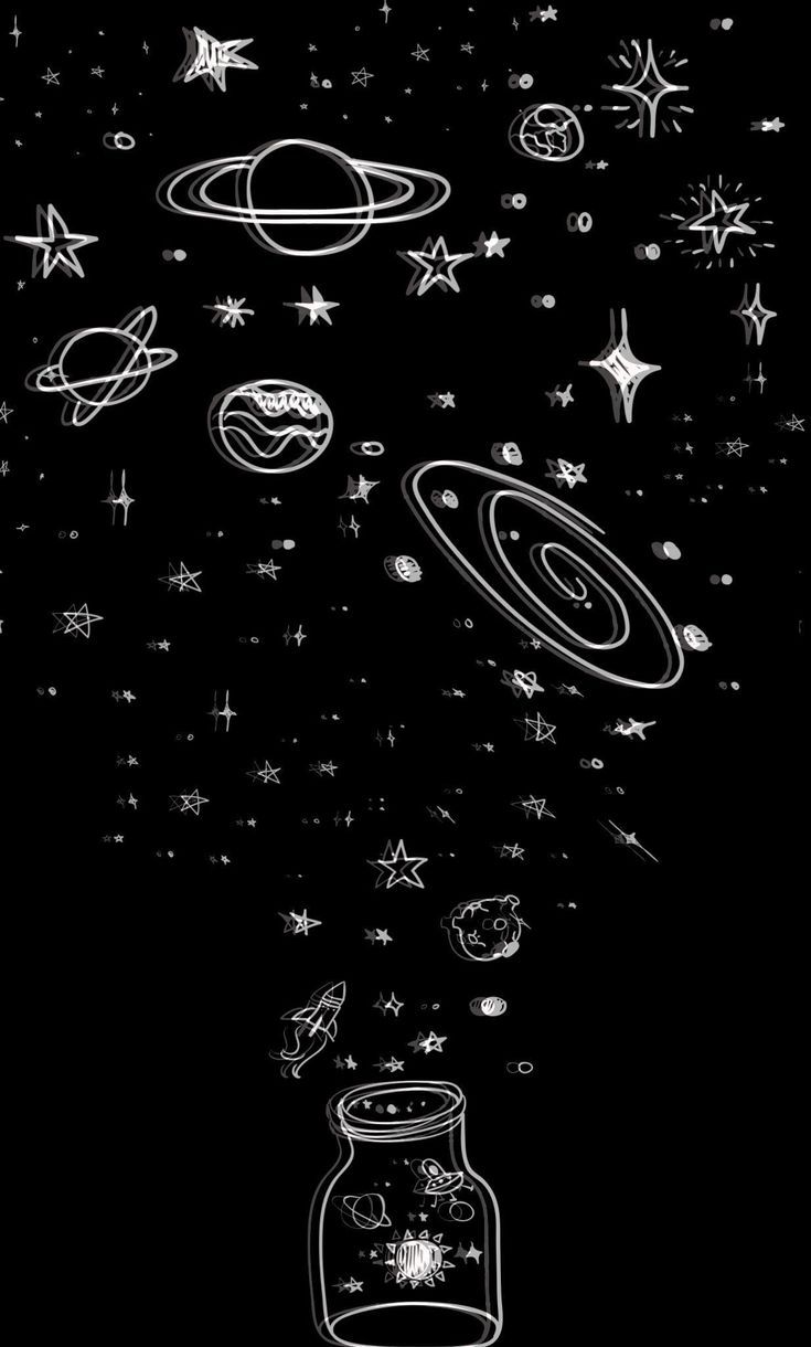 Planeten, Weltall, Einmachglas, Strichzeichnung, Sterne, Hintergrundbild fürs iPhone 16
