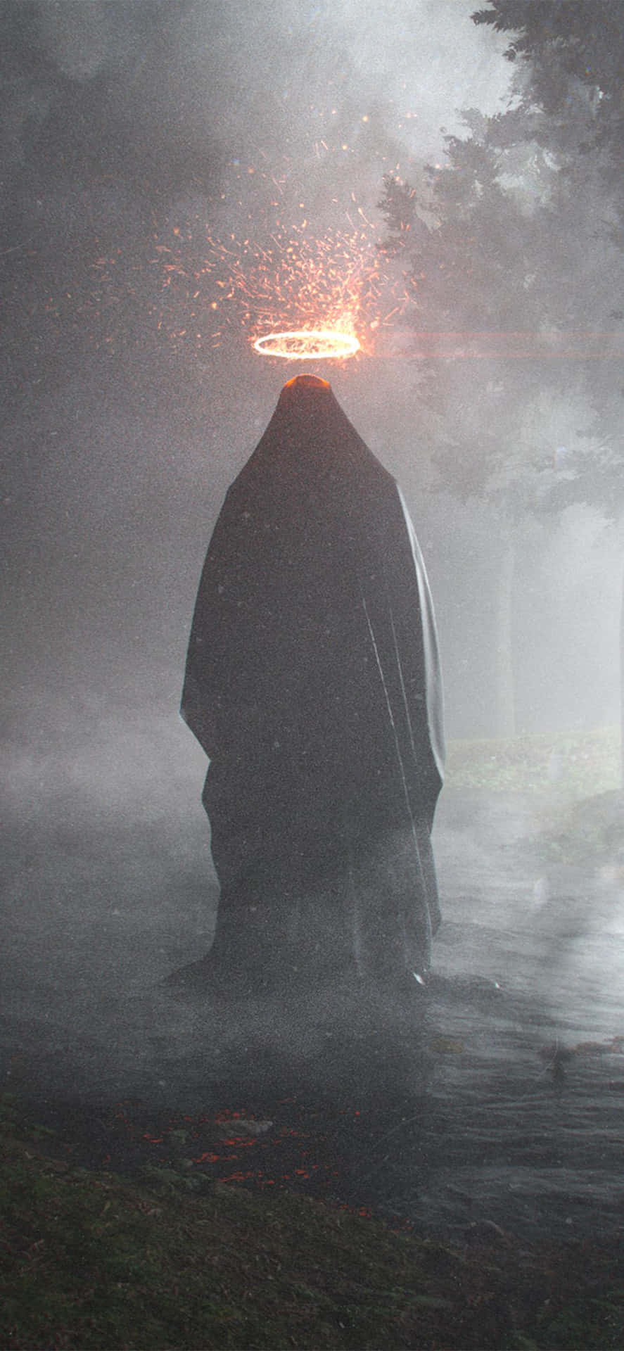 Kapuzenfigur, Feuer, Nebel, Wald, Düster, Surreal, iPhone 16, Hintergrundbild