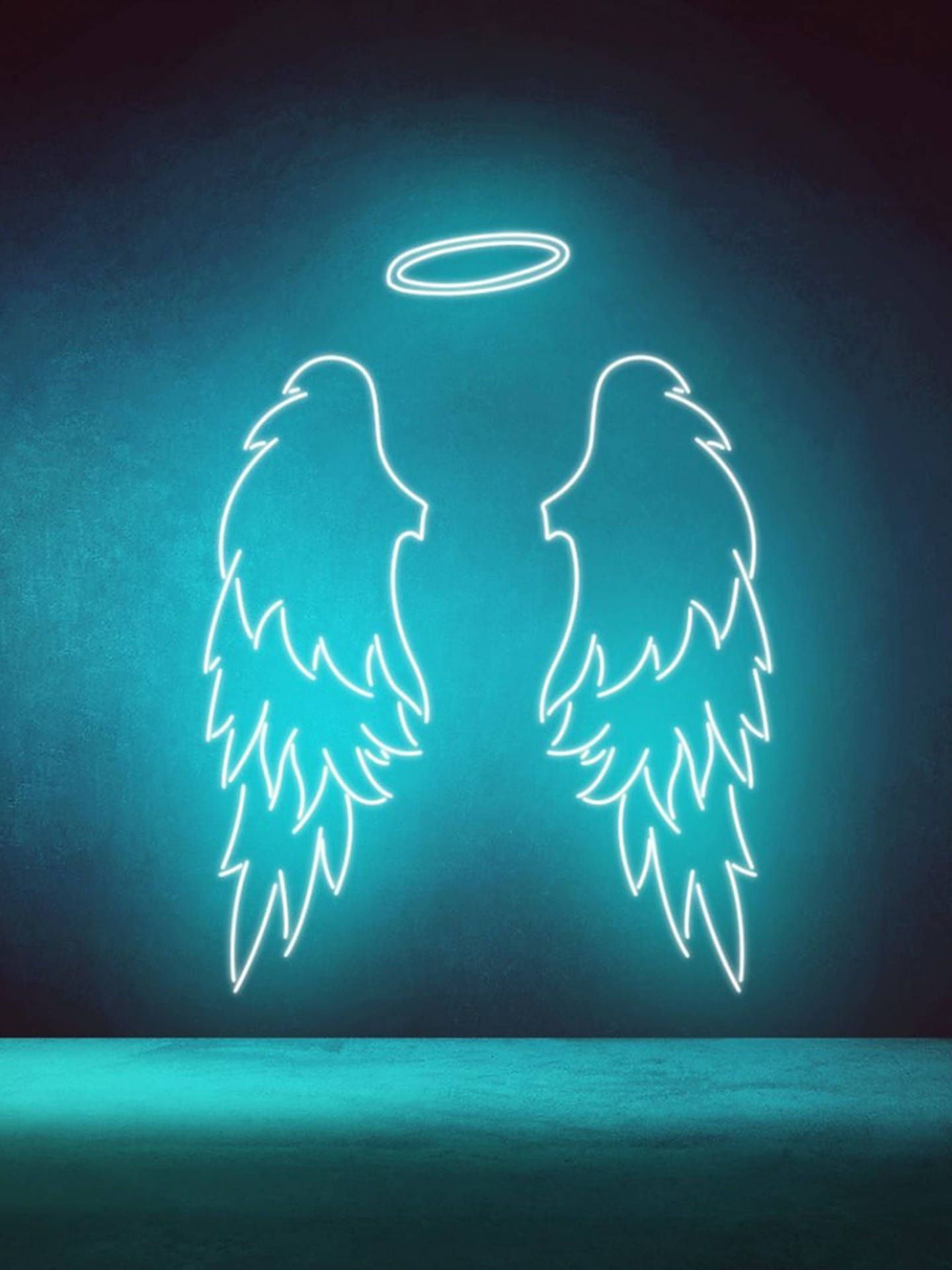 Engelsflügel, Heiligenschein, Neonlicht, Türkis, Wand, QHD+, Hintergrundbild fürs Tablet