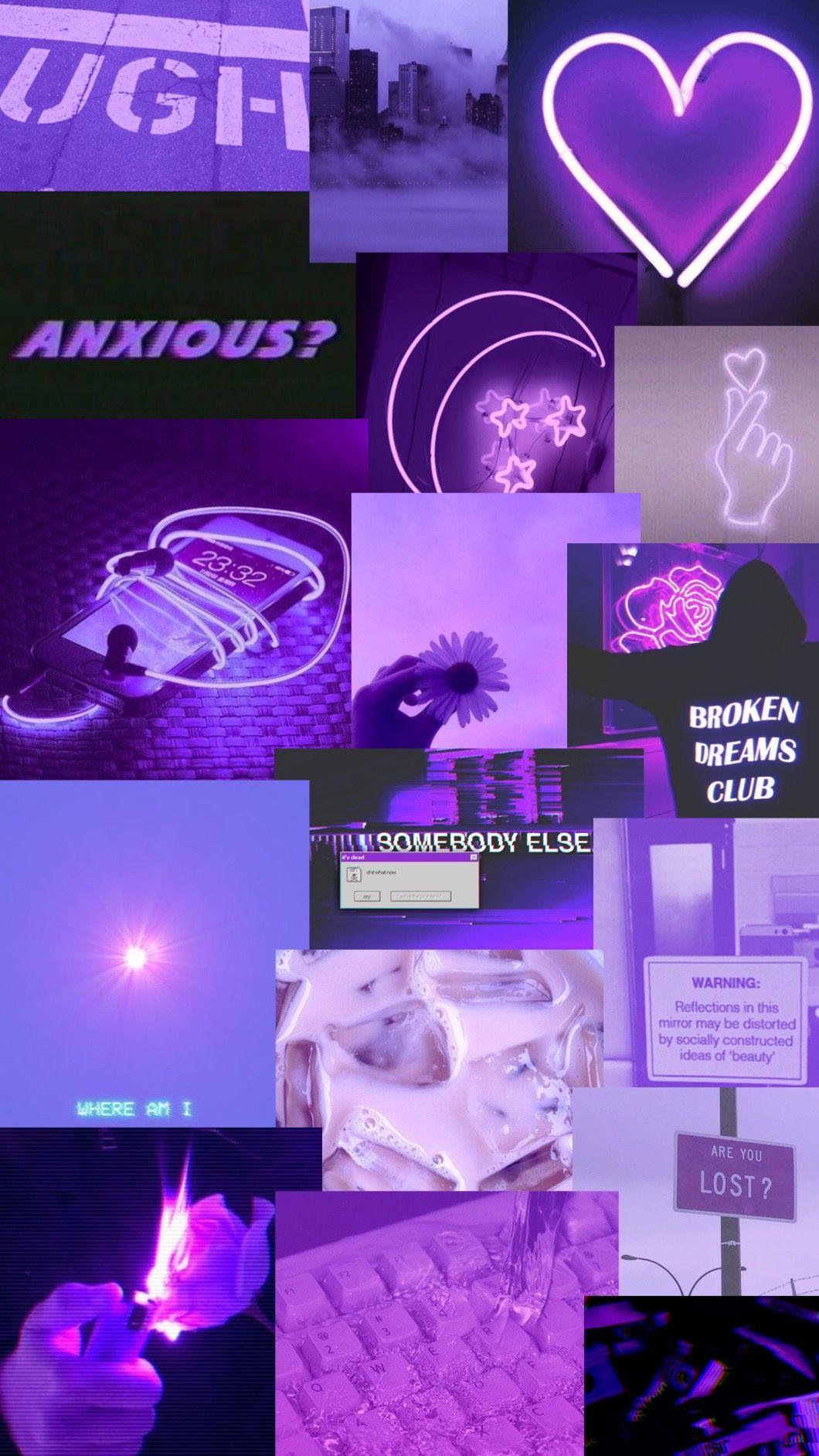 Collage, Lila Ästhetik, Neonherz, Sprüche, Moodboard, HD, Handy-Hintergrund im Hochformat