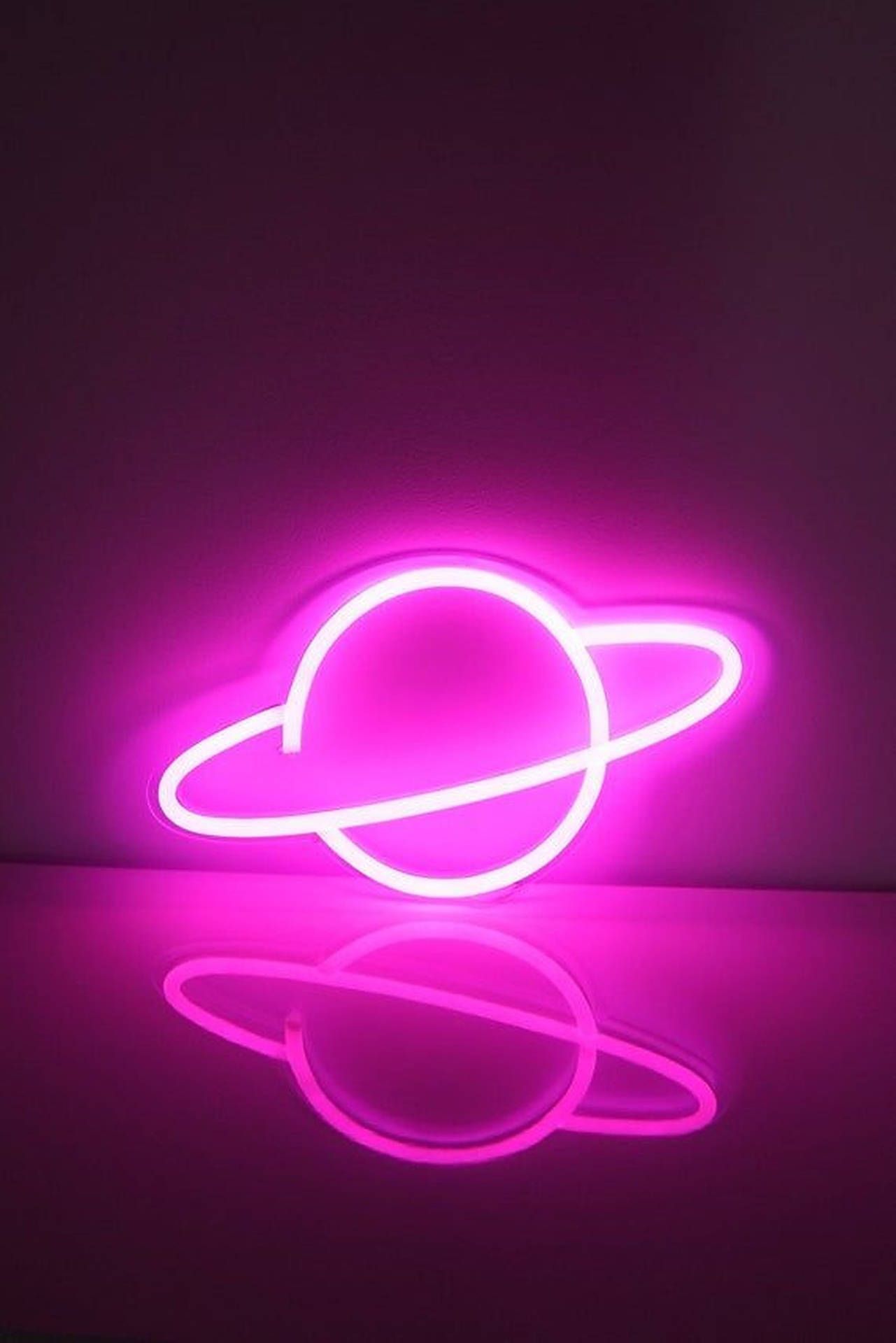 Neonplanet, Saturn, Pink, Spiegelung, Neonlicht, Full HD, iPad-Hintergrundbild