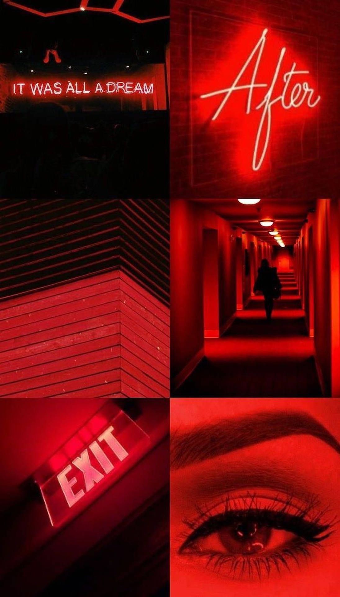 Collage, Rote Ästhetik, Exit-Schild, Neonschrift, Auge, Flur, Full HD, Handy-Hintergrund
