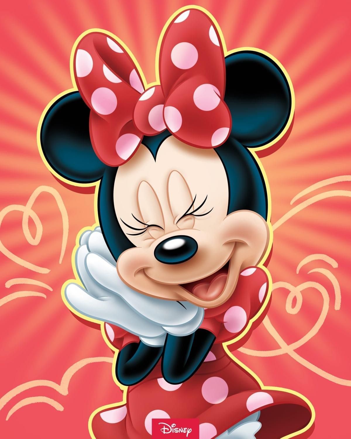 Minnie Maus, Disney, Zwinkern, Rote Schleife, Orange, Lichtstrahlen, Full HD, iPad-Hintergrundbild