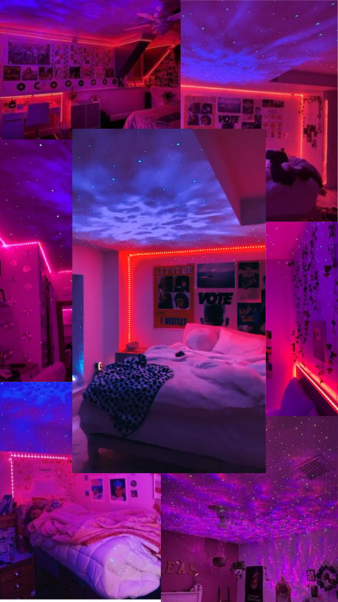 Collage, Neon, Zimmer, Wolken, Pink-Lila, Full HD, Handy-Hintergrund im Hochformat